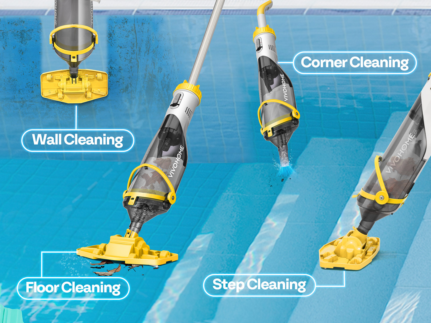 Cordless Rechargeable Pool Vacuum Handheld Cleaner w/ Telescopic Pole 60min IPX8