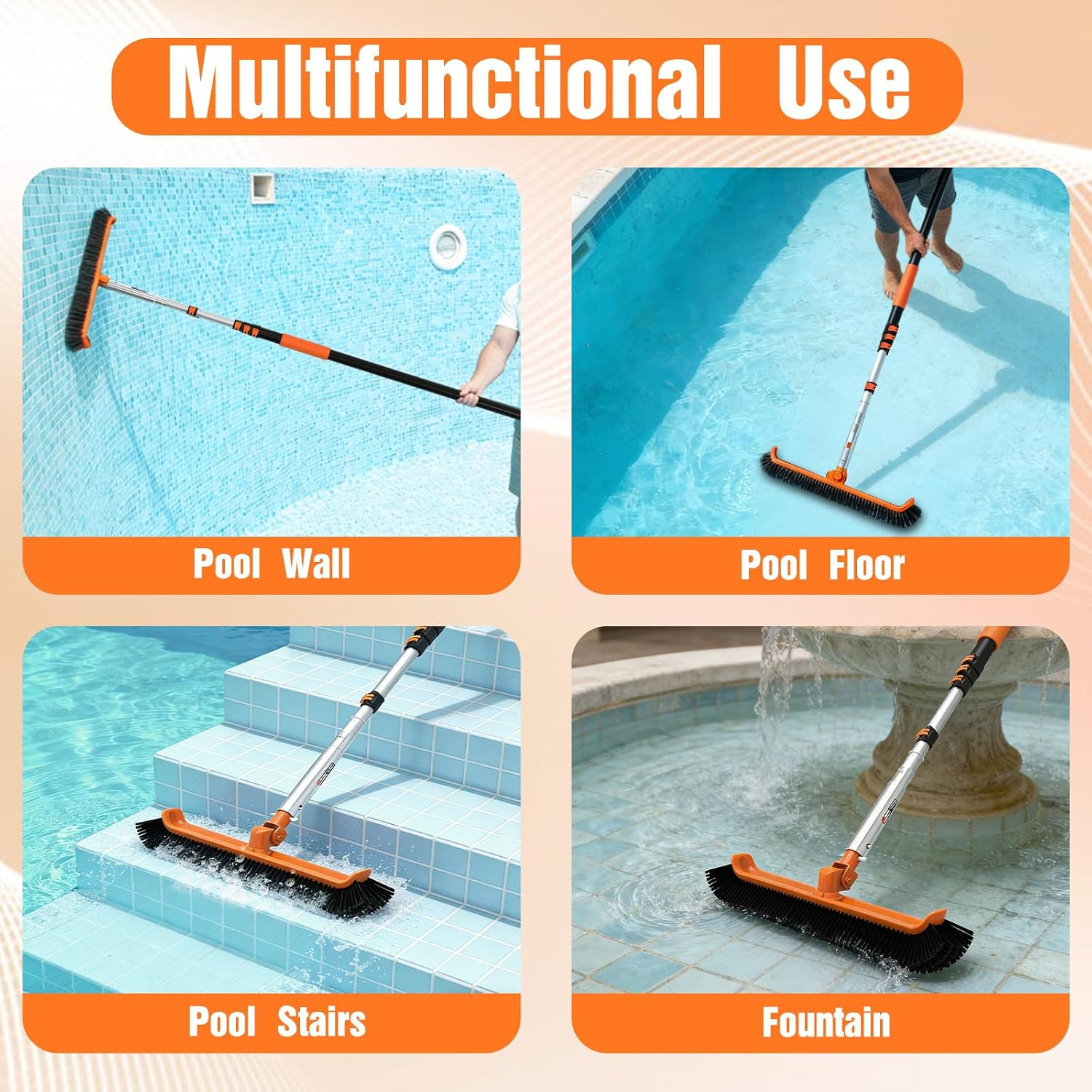 Pool Brush with 16FT Telescopic Pole Cleaner Head