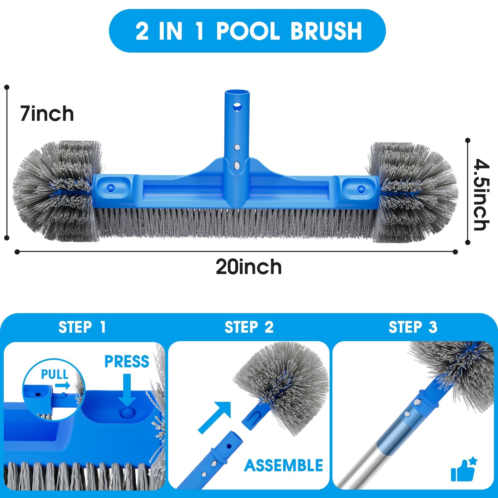 Pool Brush Set – 20″ Detachable Round Brush & 9 FT Aluminum Pole for Cleaning