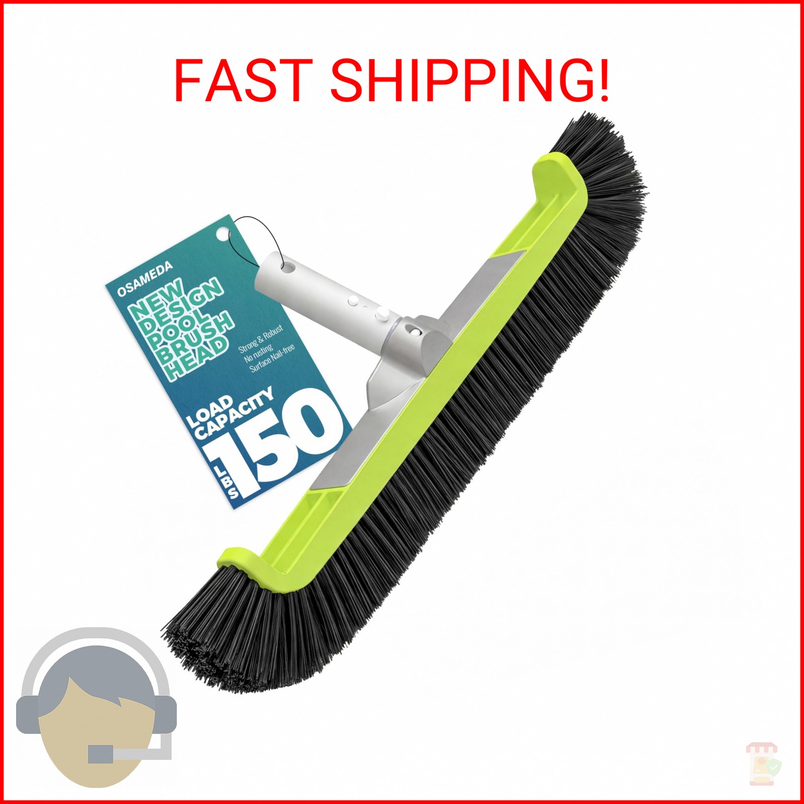18″ Pool Brush Head for Cleaning Swimming Pool Walls, Curved Ends High-Efficienc
