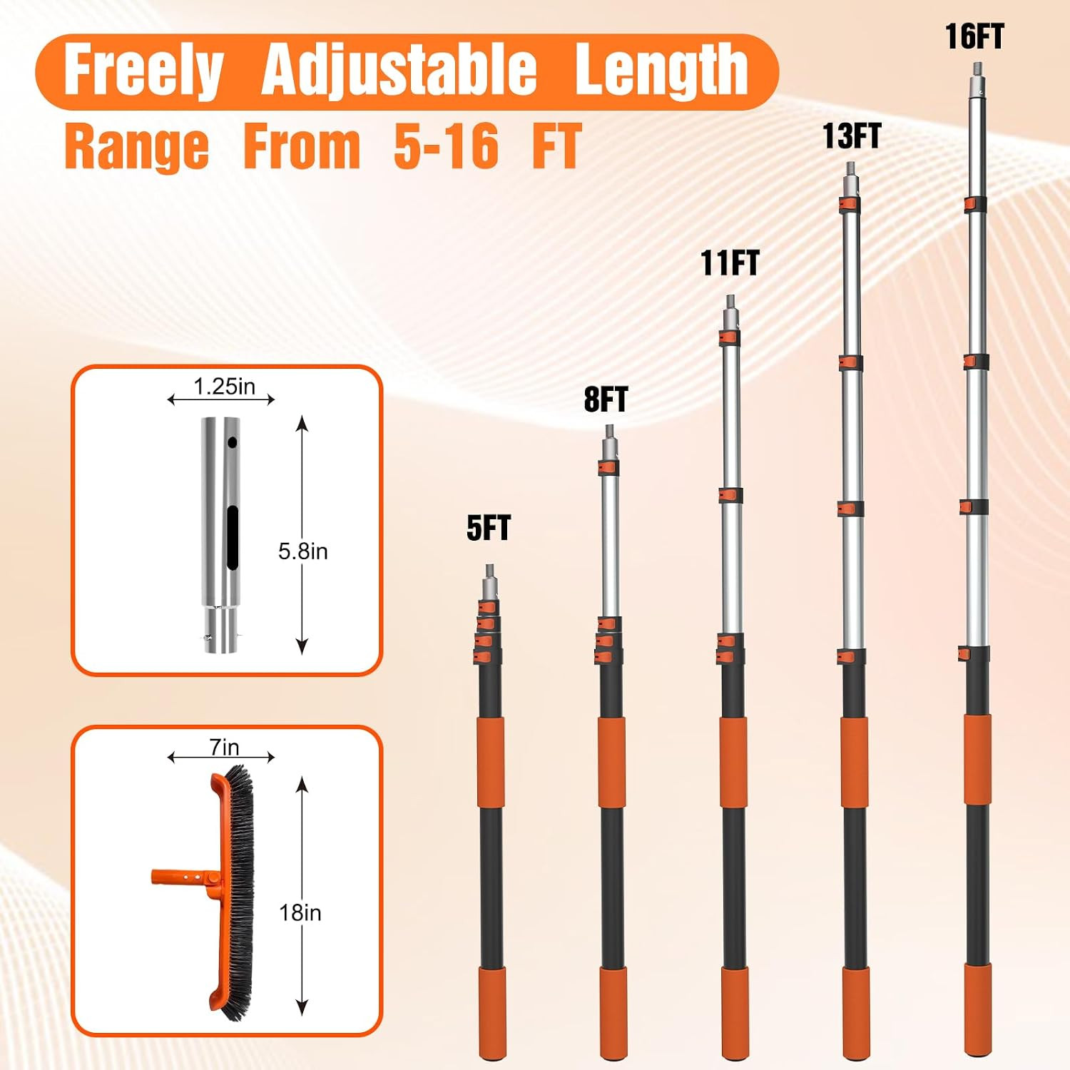 Pool Brush with 16FT Telescopic Pole Cleaner Head
