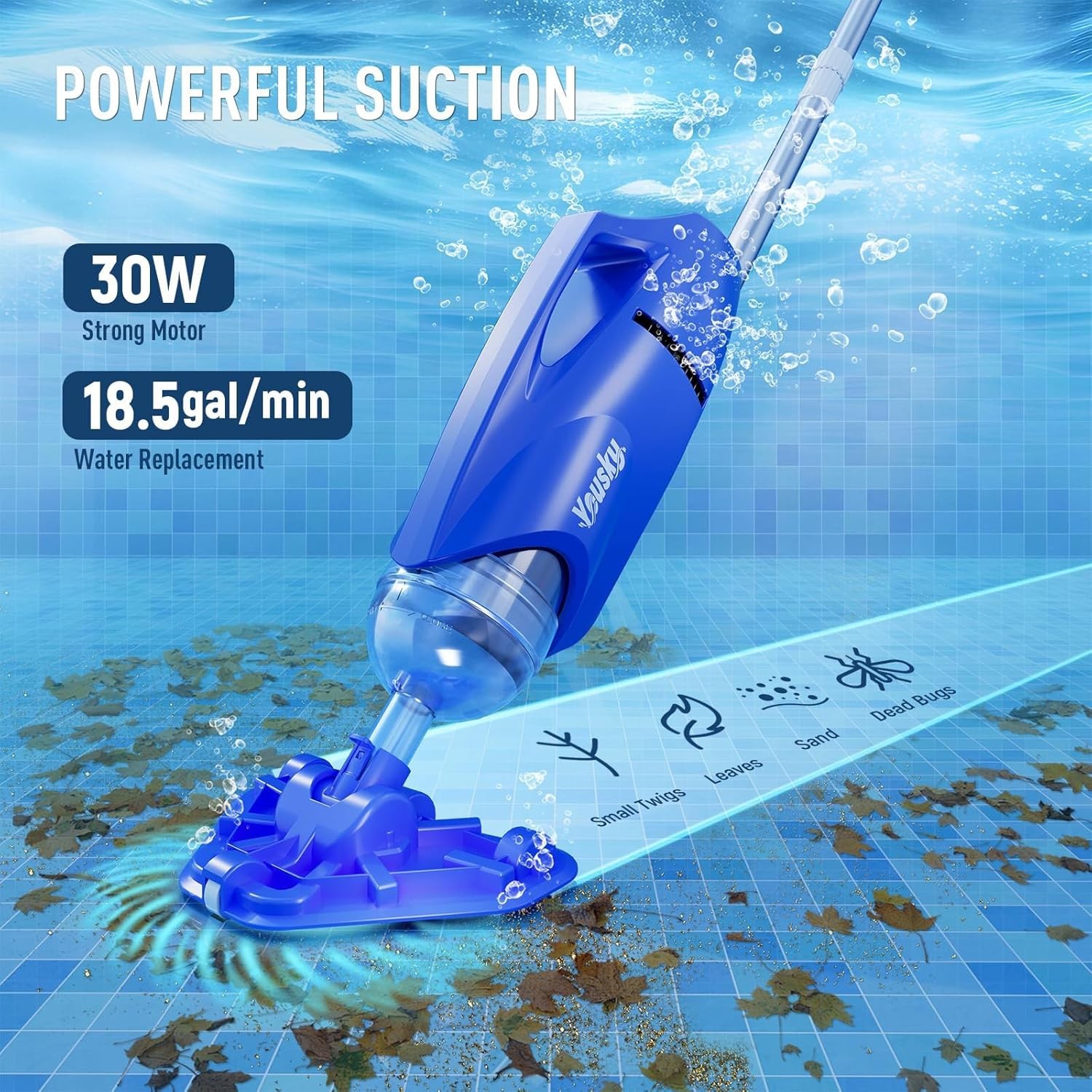 Cordless Pool Vacuum 18.5GPM Suction Telescopic Pole