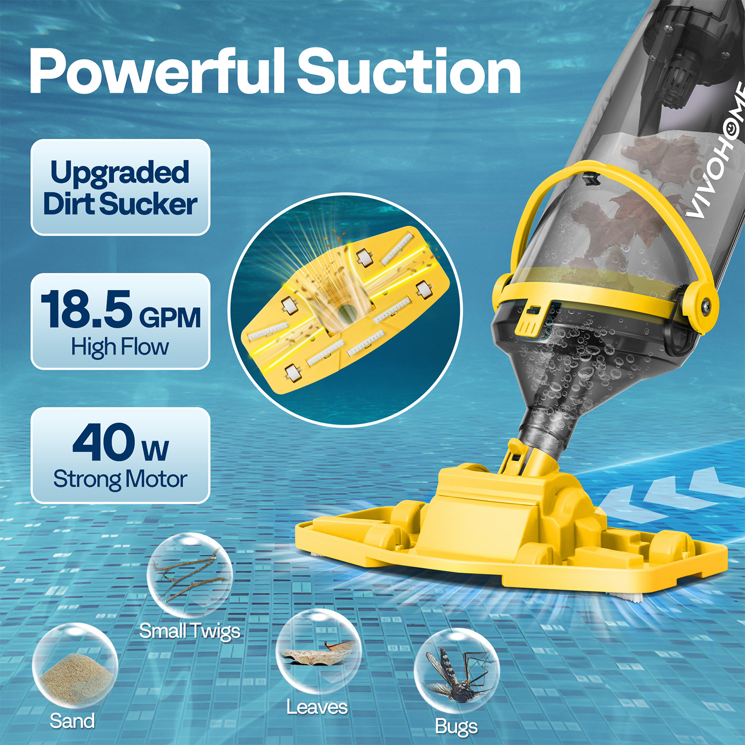 Cordless Rechargeable Pool Vacuum Handheld Cleaner w/ Telescopic Pole 60min IPX8