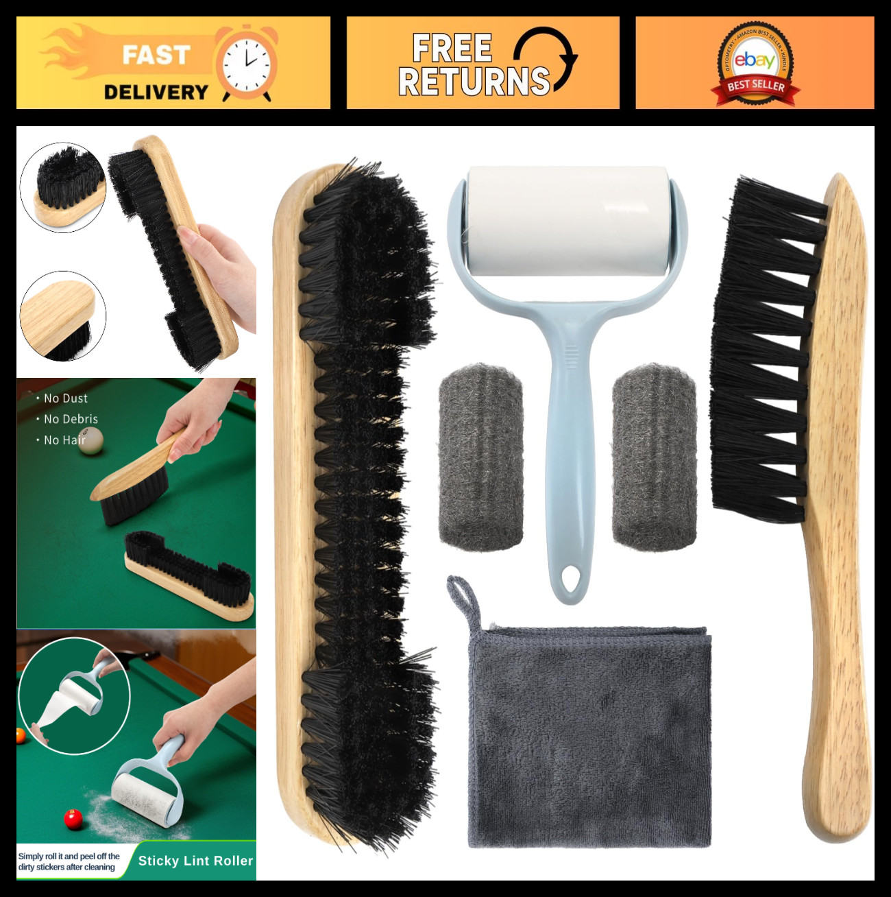6-Piece Pool Table Brush Set, Billiard Felt Cleaner Kit, Wooden Brushes & Access
