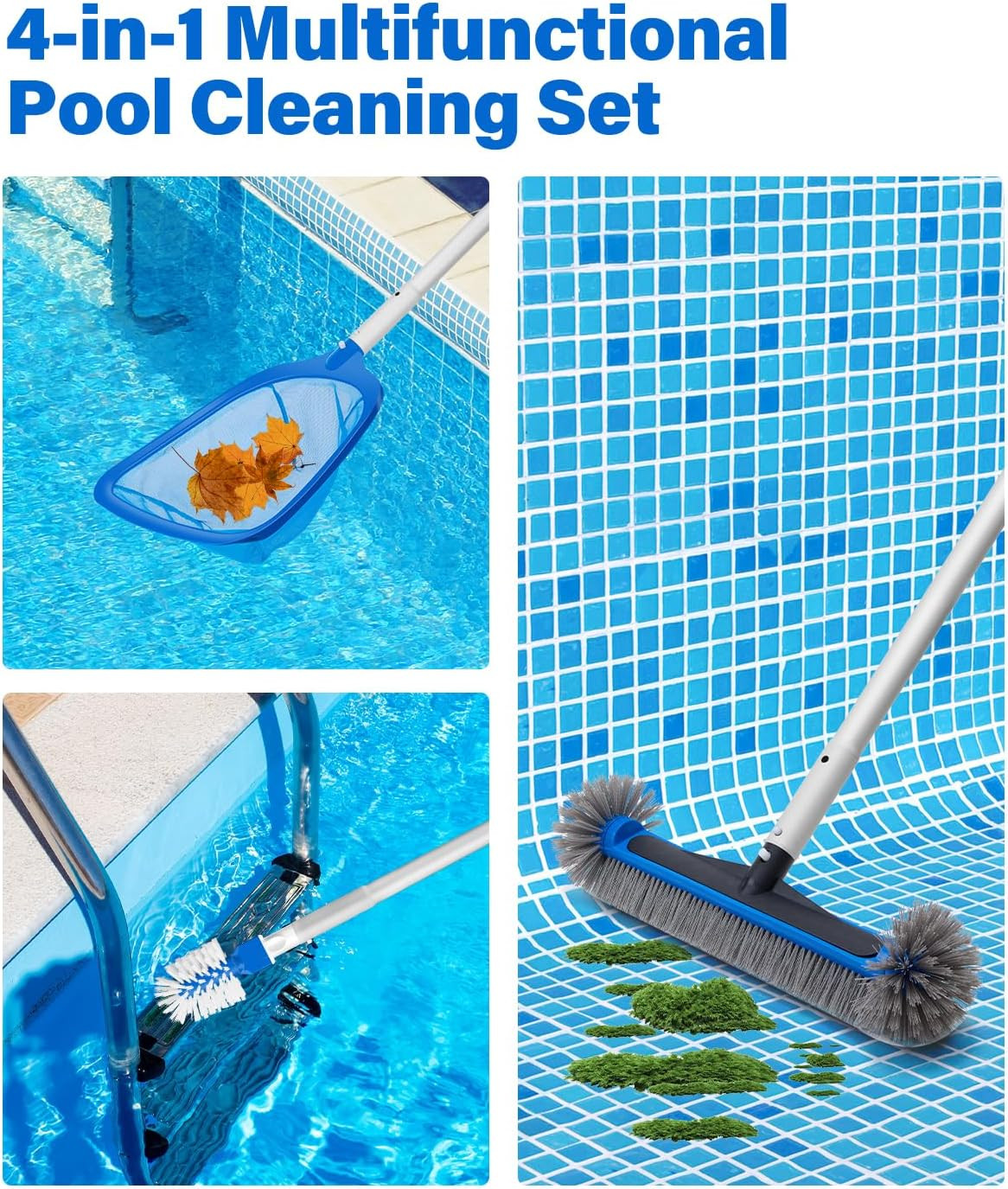 4-In-1 Deluxe Pool Cleaning Kit, Pool Cleaning Tools with 10Ft Adjustable Pole,