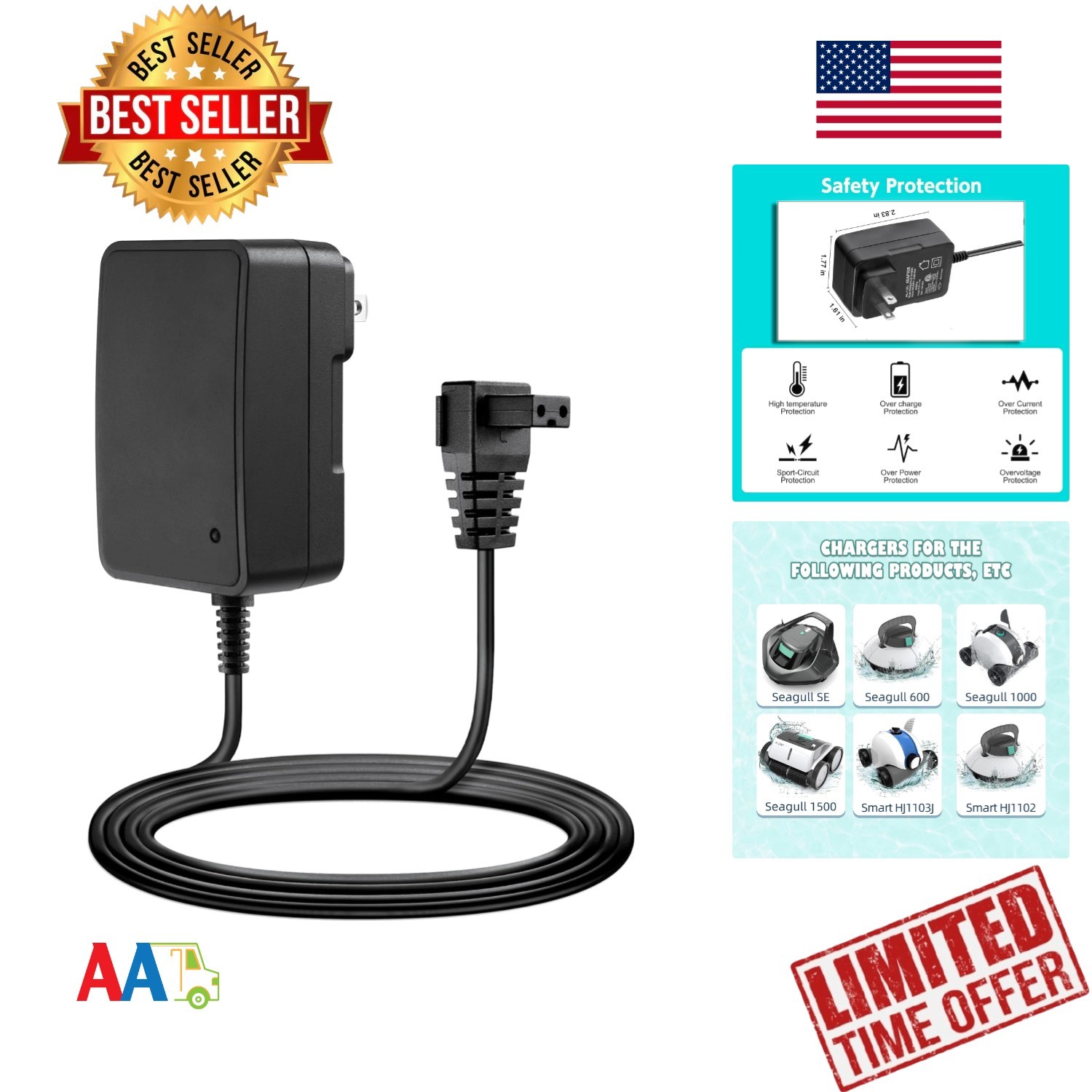 12.6V 1.8A Pool Vacuum Charger for Aiper Seagull 600-1500, Fast Charge