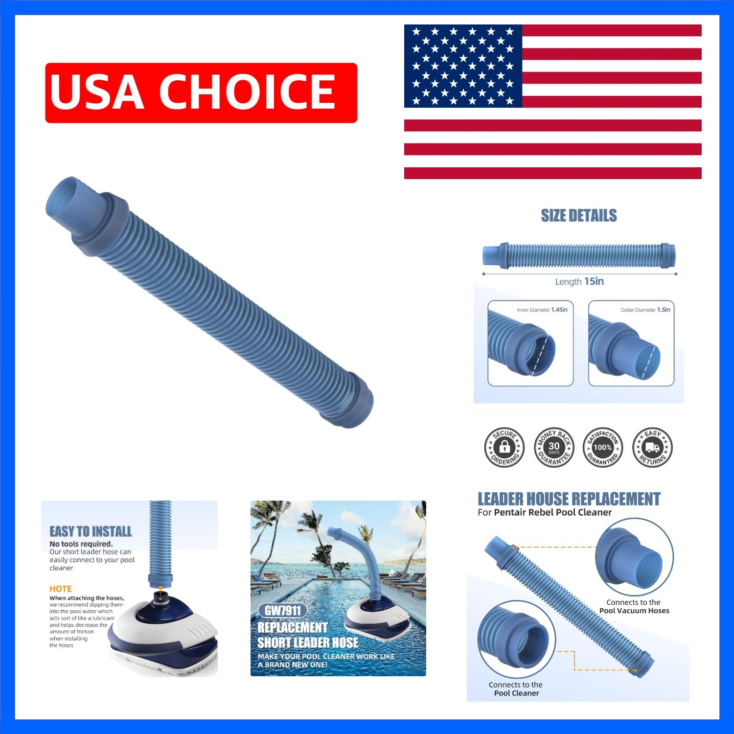 2025Upgrade GW7911 Short Leader Hose Replacement Kreepy Krauly SandShark GW79…