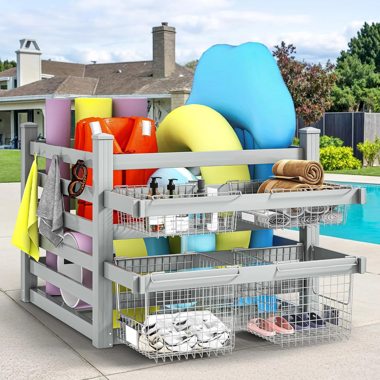 DWVO Pool Storage Organizer with 6 Adjustable Hooks, Large Pool Float Holder & N