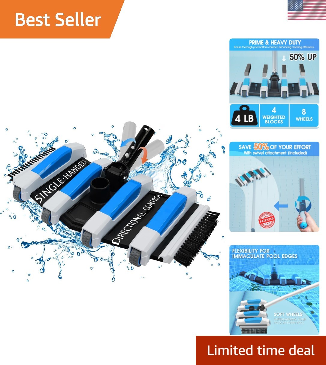 Enhanced Pool Vacuum Head with Direction-Control Handle – 17.5in Extra-Wide 4…