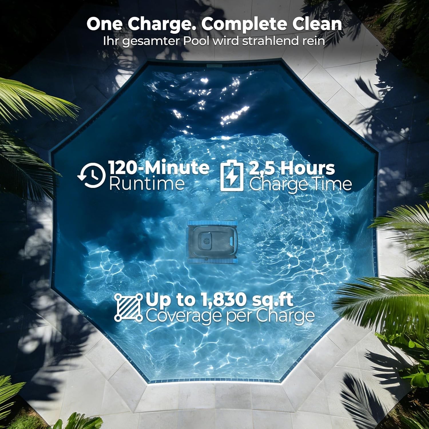 Cordless Robotic Pool Cleaner – 5000 GPH, 150 Micron Filter, Floor/Wall/Waterlin