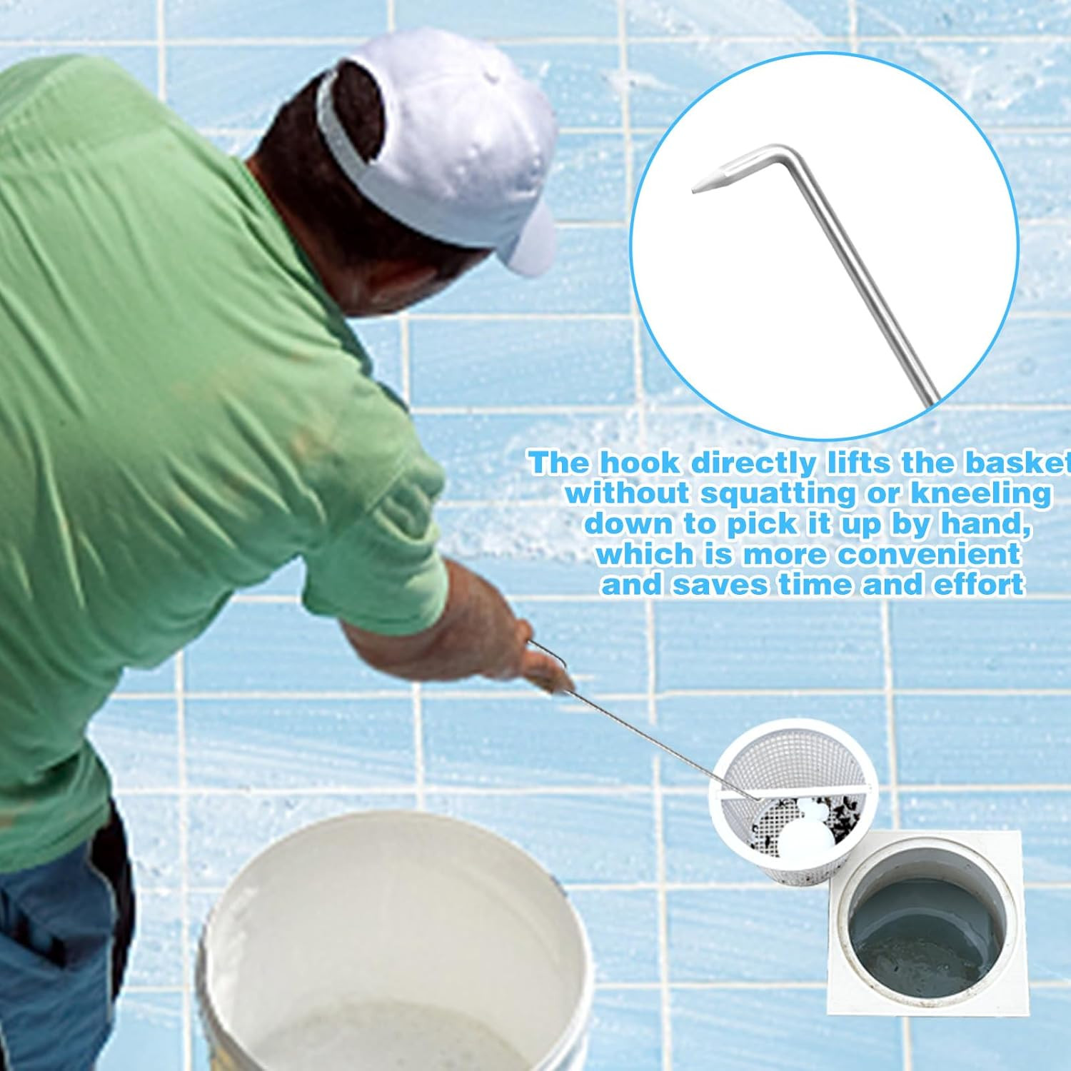 Pool Skimmer Basket Hook Tool Stainless Steel Extended Handle Lifter Cleaning