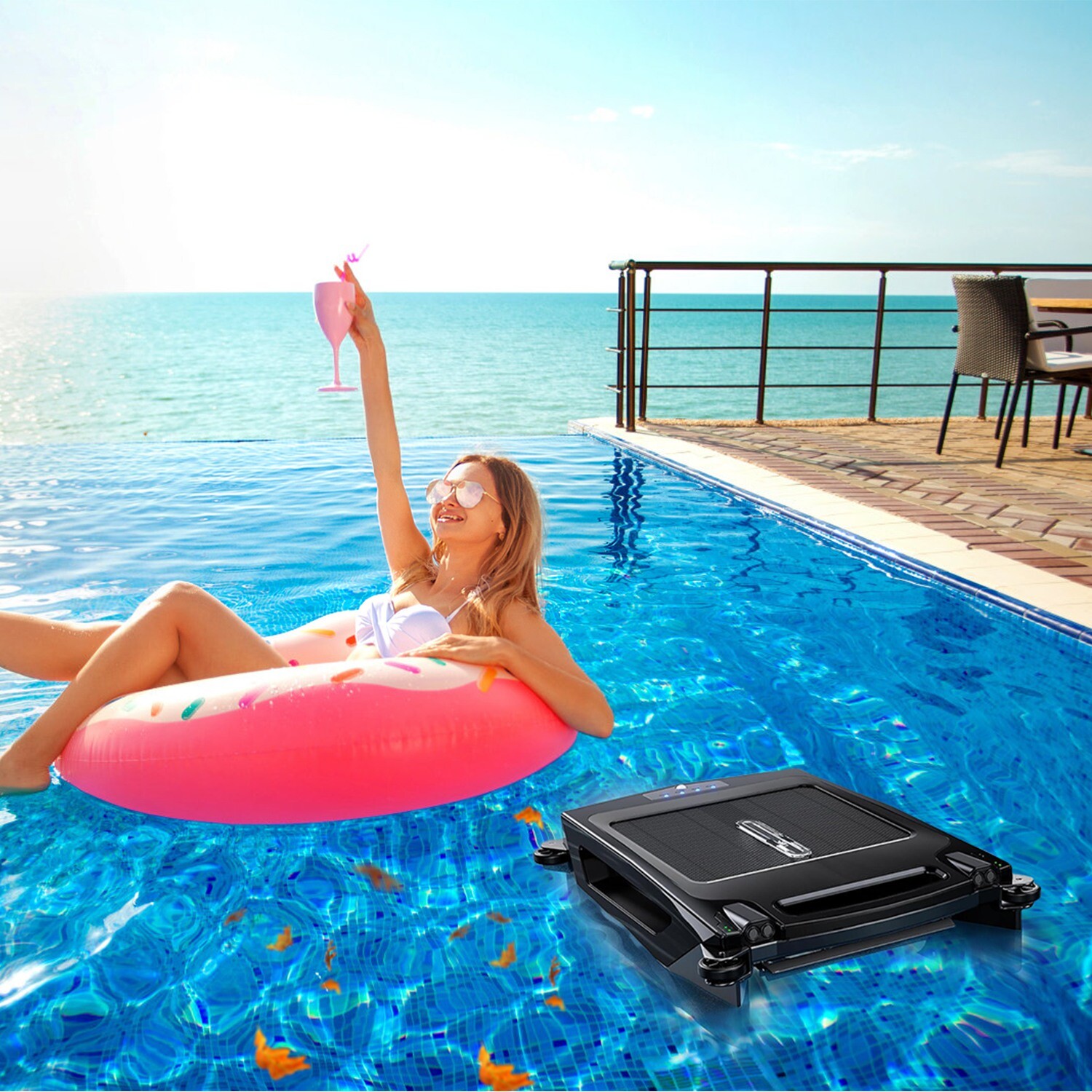 Auto Solar Powered Pool Skimmer in Stylish Design w/ 2 Cleaning Mode&APP Control