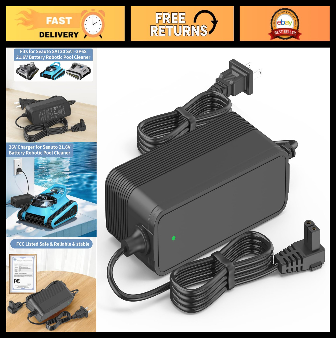 26V Charger for 21.6V Robotic Pool Cleaner – Compatible with Seauto Crab & Zyerc