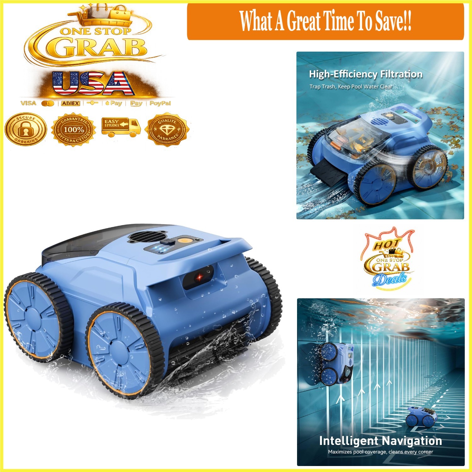Cordless Robotic Pool Cleaner Wi-Fi App Control 180 Min Runtime Sky Blue