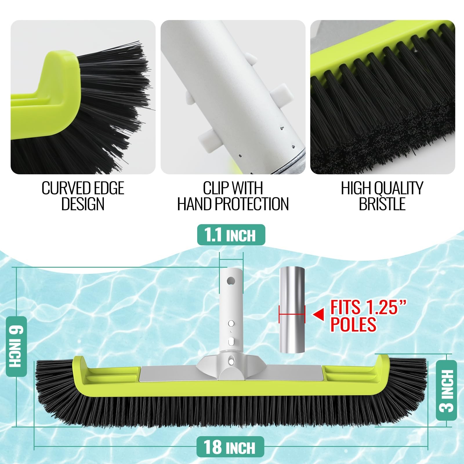 18″ Pool Brush Head for Cleaning Swimming Pool Walls Curved Ends Green & Black