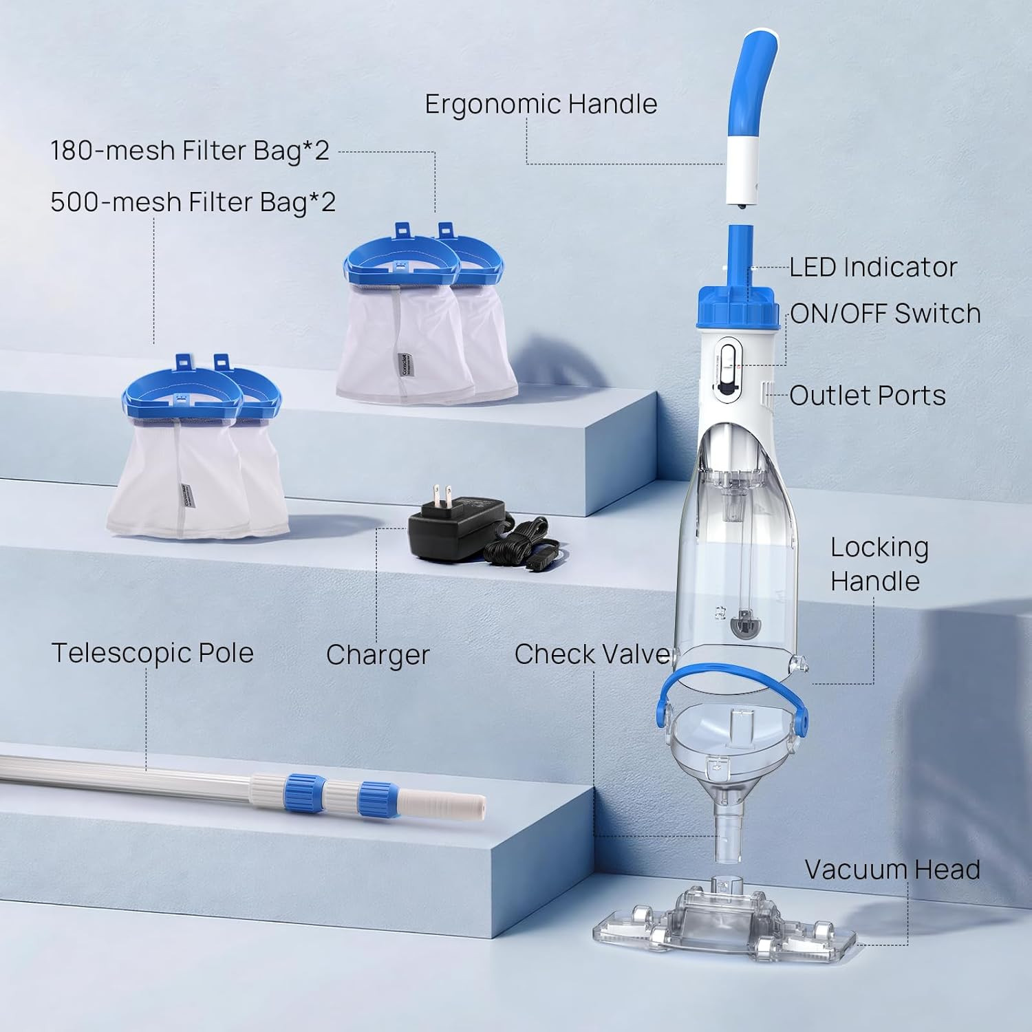 Cordless Rechargeable Pool Vacuum for Above & Inground Pools, 1110 GPH Suction