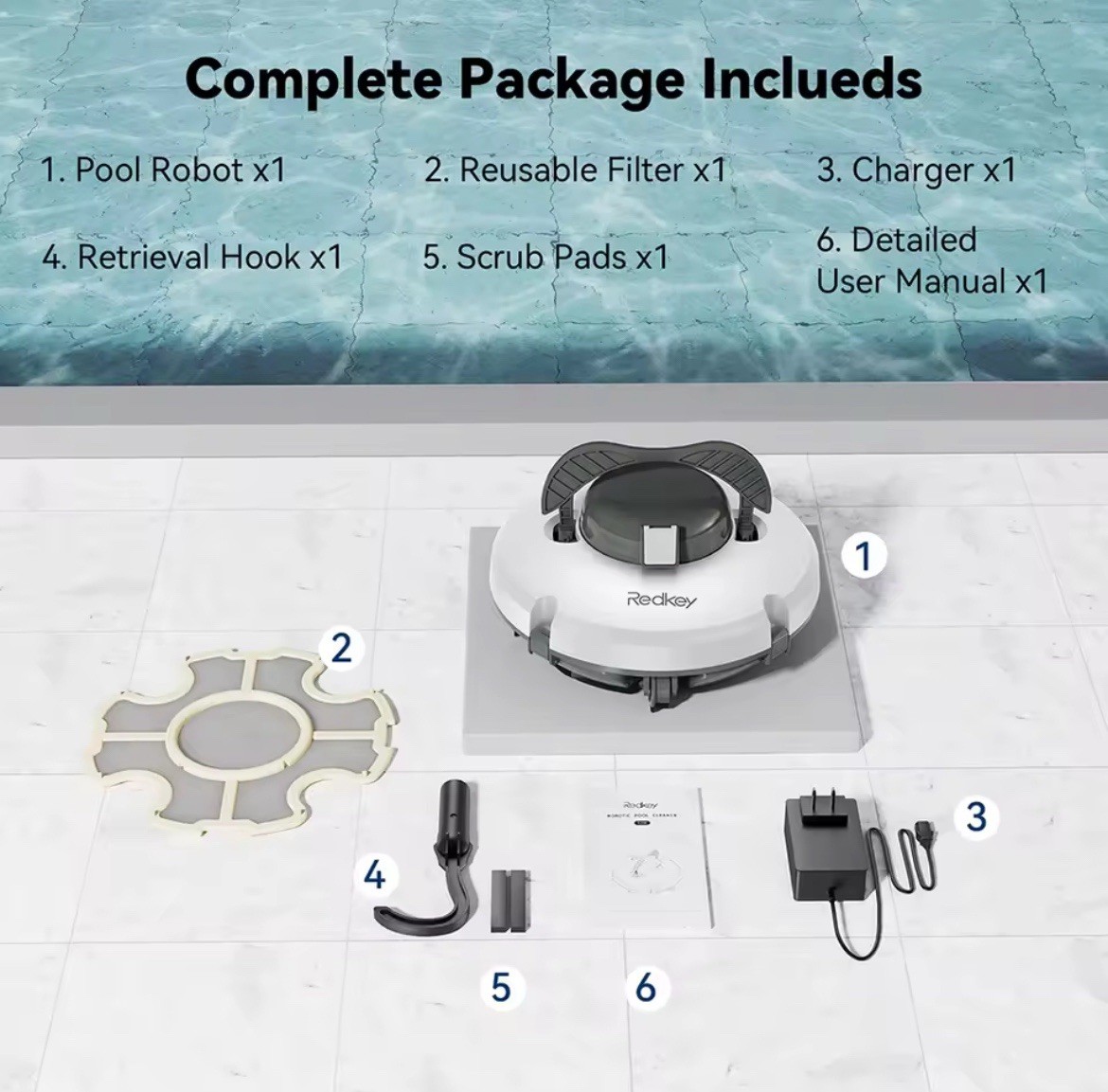 Redkey S100 Cordless Pool Vacuum Cleaner Robot – 5200 mAh, 130 Min Runtime, IPX8