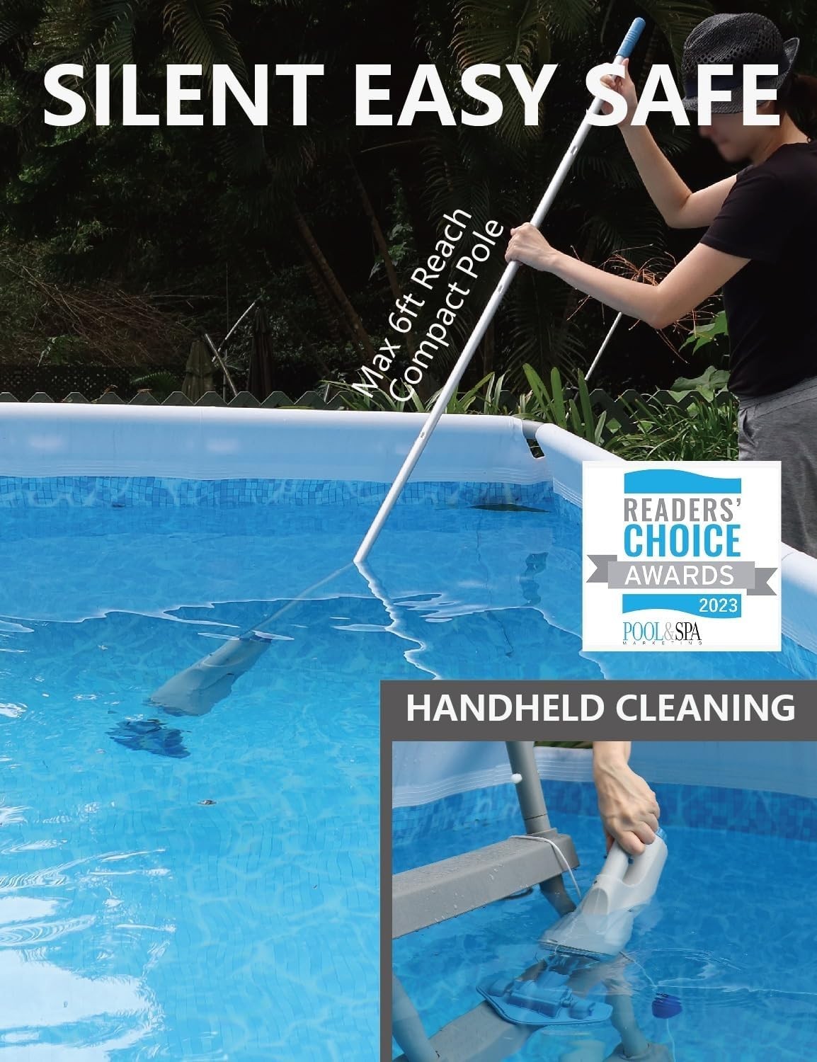 Cordless Handheld Pool Vacuum with 6ft Pole & Dual Brush Heads for Easy Cleaning