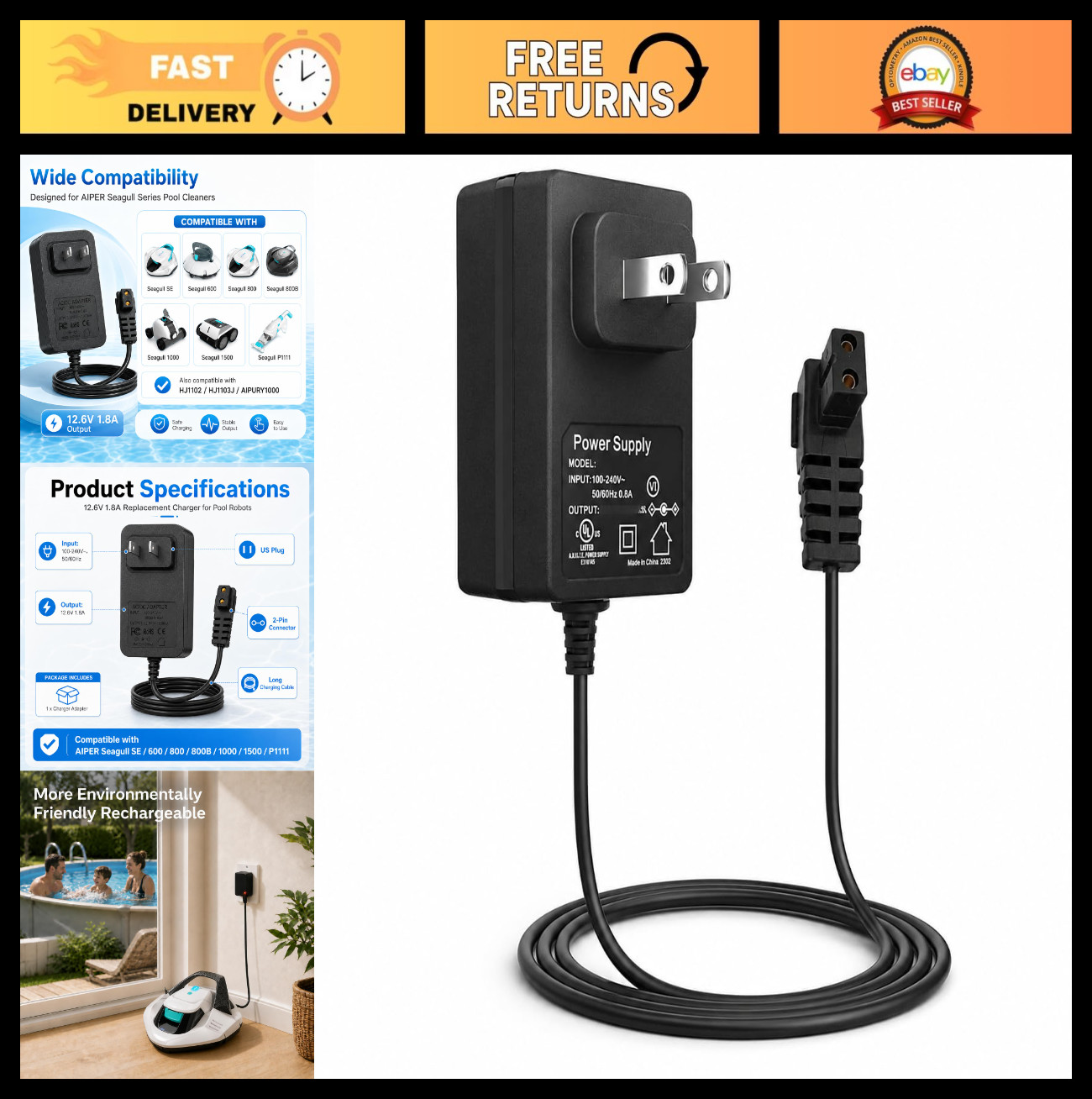 12.6V 1.8A Pool Cleaner Charger for Cordless Robotic Cleaners – Compatible Model