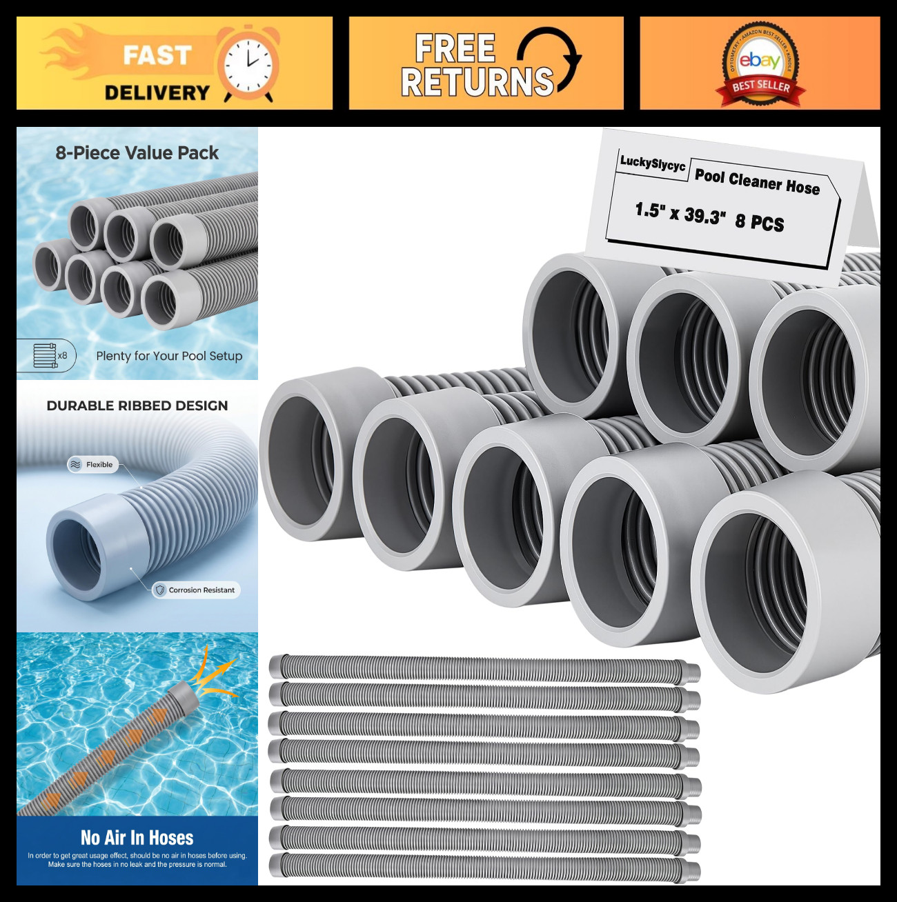 Universal 1.5″ Pool Cleaner Hose Replacement – 8-Piece Vacuum Hose Set for Ingro