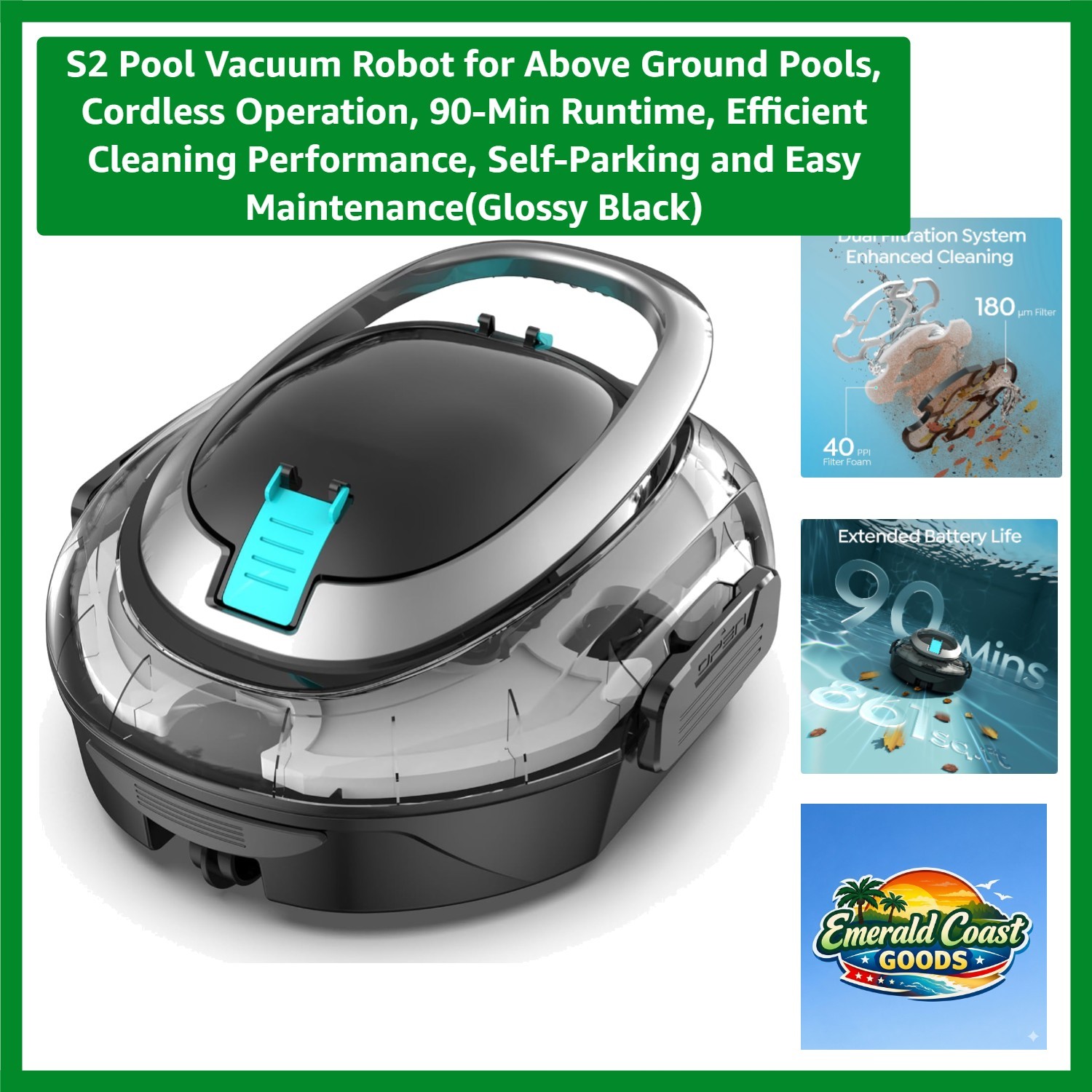 Lightweight Robotic Pool Vacuum with 90-Minute Runtime – Glossy Black Design