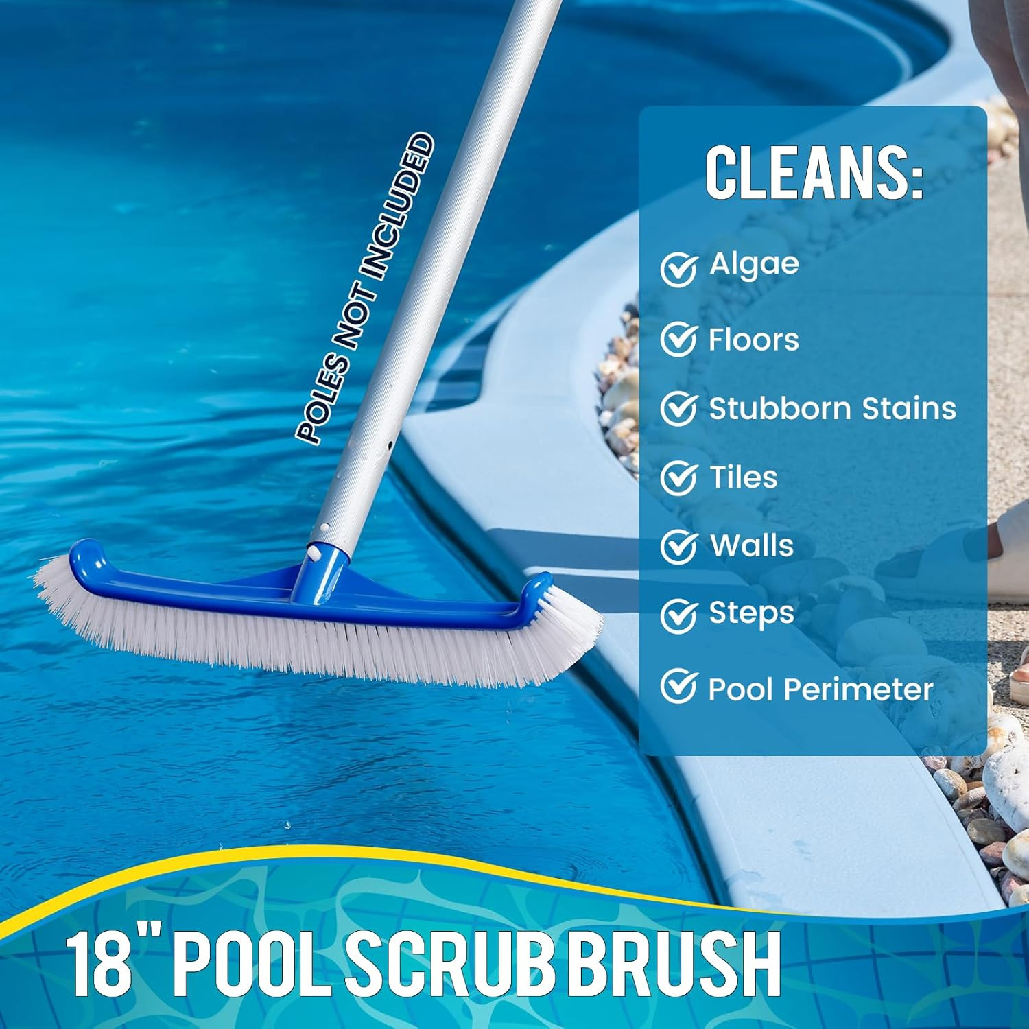 Pool Brush Head – 18″ Pool Brush for Cleaning Pool Walls, Premium Swimming Pool
