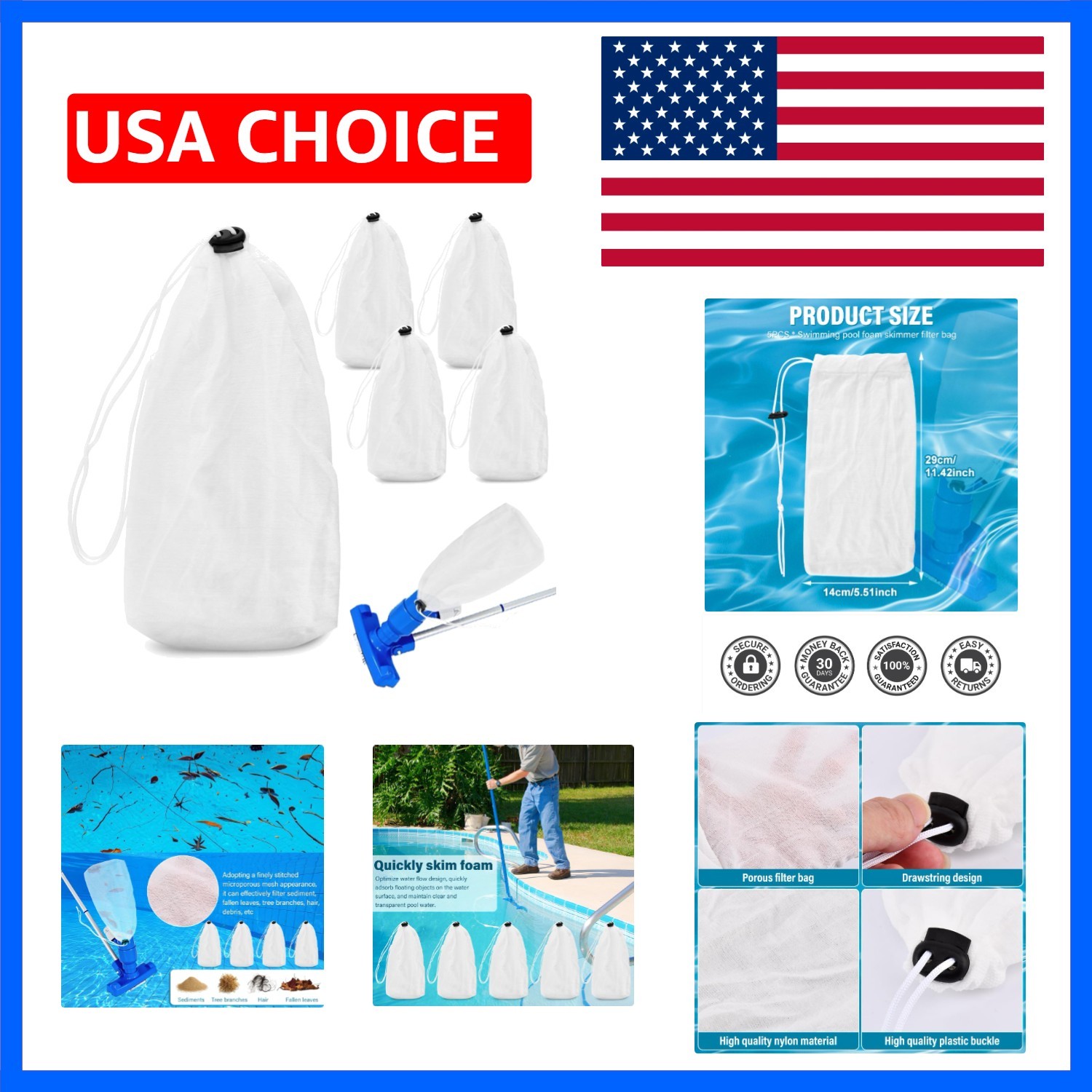 5Pcs Pool Leaf Vacuum Net Bag Fine Mesh with Locking Cord,11.4″ x 5.5″ Fine M…