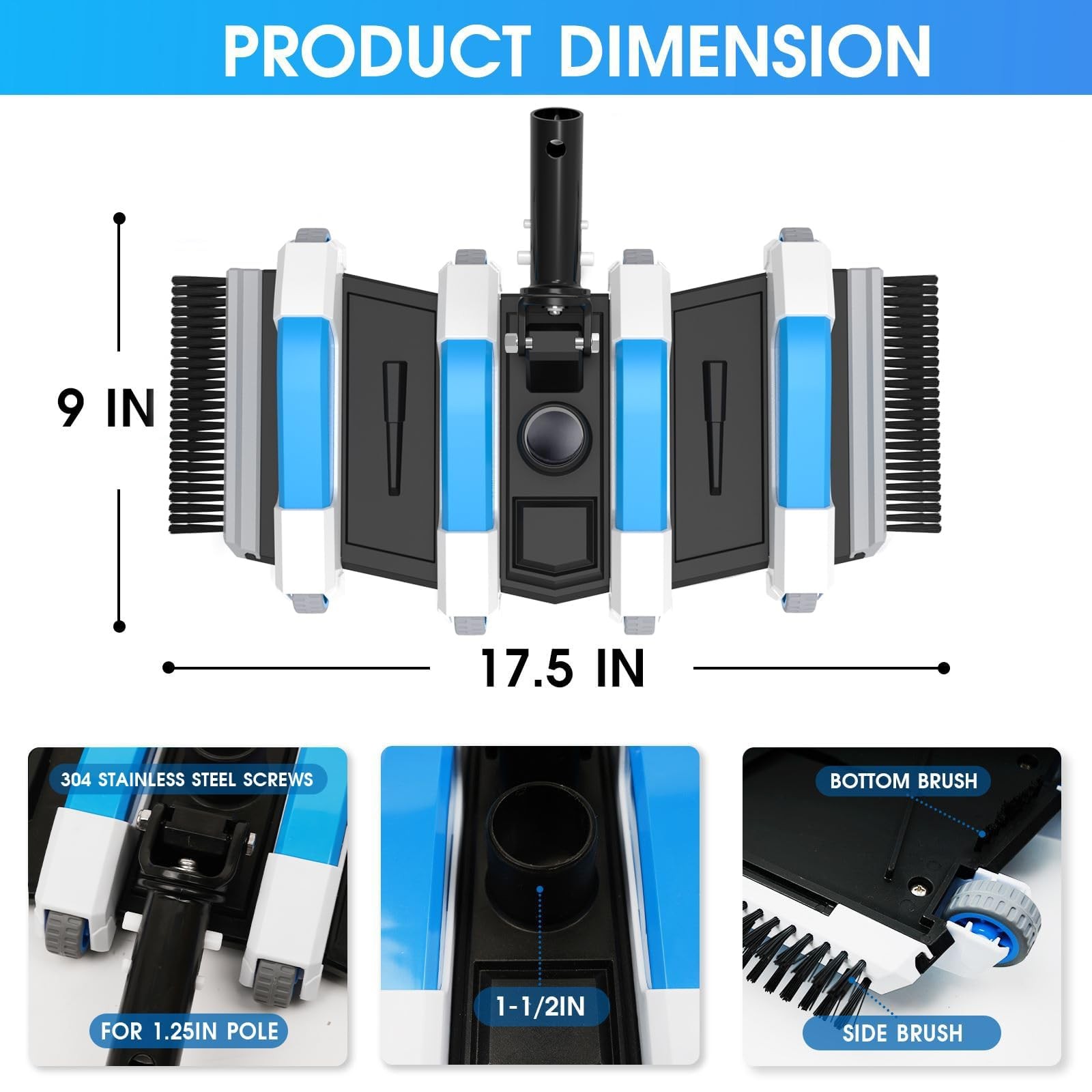 Enhanced Pool Vacuum Head with Direction-Control Handle – 17.5in Blue
