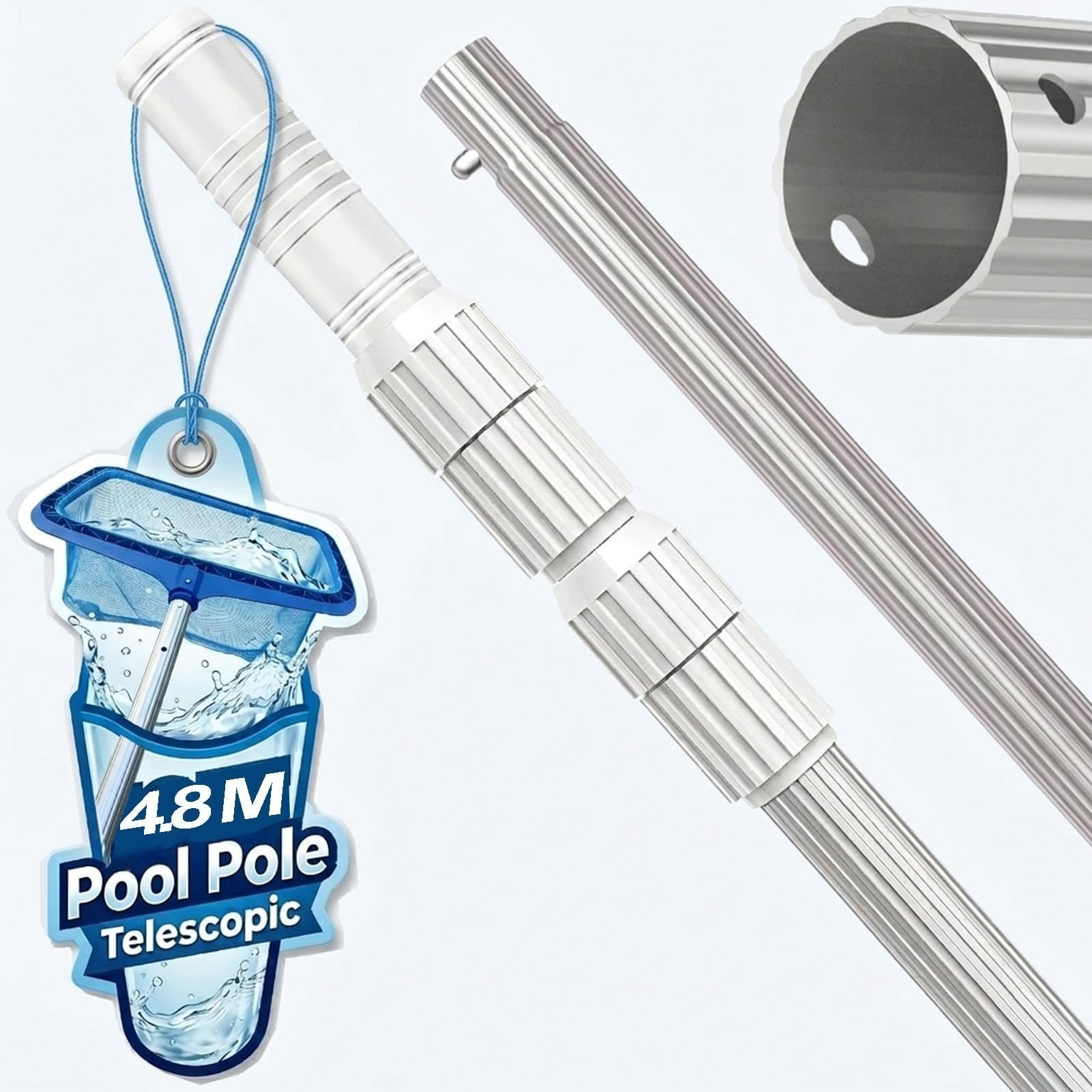 Pool Pole Telescopic, 16 FT Pool Skimmer Pole, Adjustable 3 Piece Aluminum Po…