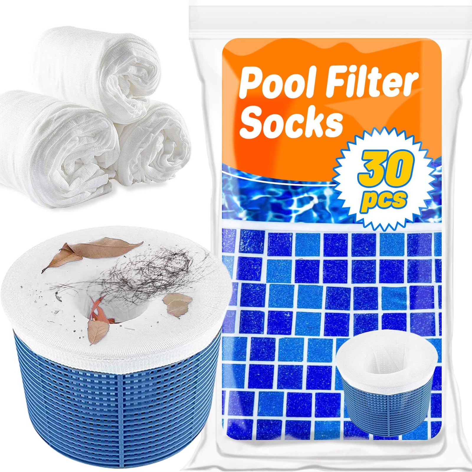 30 Pack Pool Skimmer Socks Filters Basket Sleeves for Inground or Above Ground