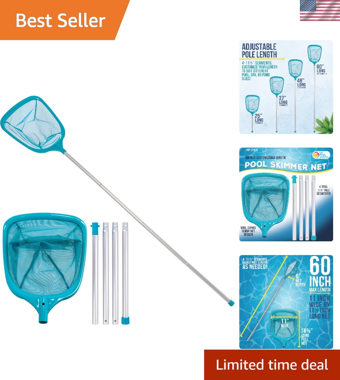 5 Foot Aluminum Leaf Skimmer Net with Telescopic Handle for Fast Pool Cleaning