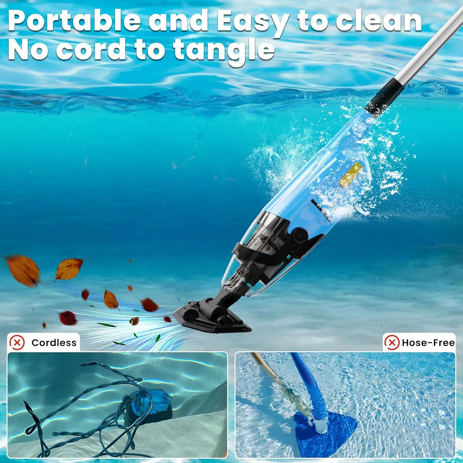 Rechargeable Pool Vacuum Cordless Handheld Pool Cleaner w/ Telescopic Pole Blue