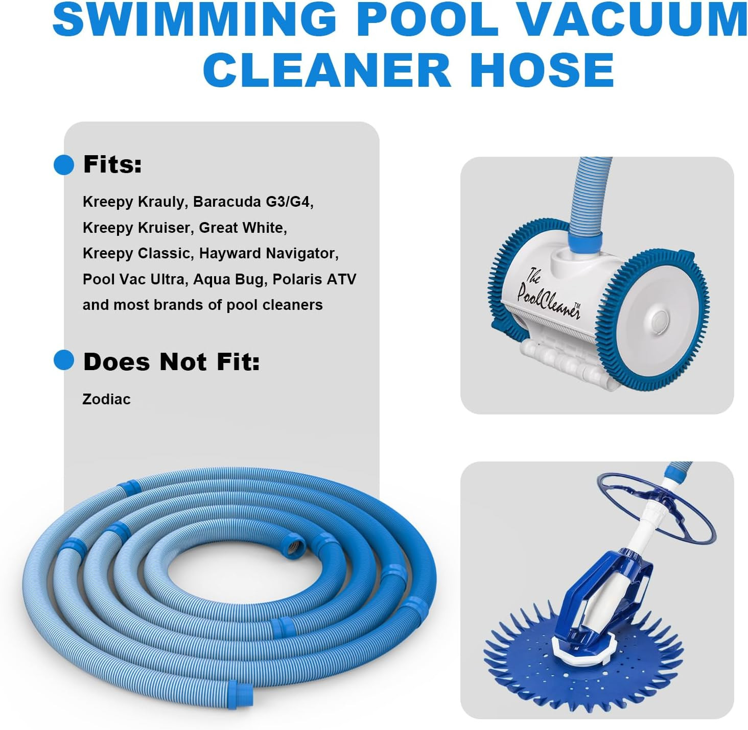 Pool Vacuum Hose 26 Feet (8 X 40 Inch), 1.5 Inch Cuffs, Compatible with Most Ing