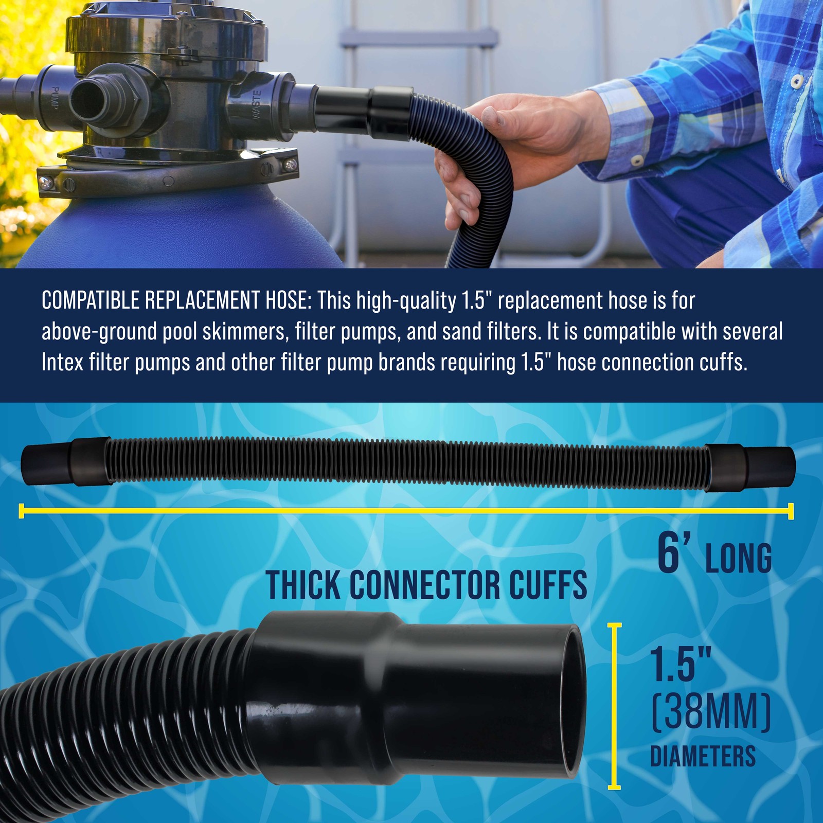 6 Foot Heavy-Duty Above Ground Pool Hose, 1.5″ – Black Filter Connecting Hose