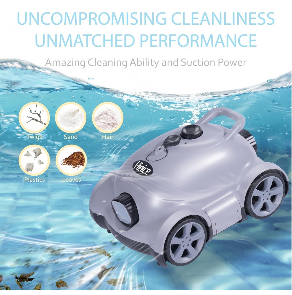 Hinice Cordless Robotic Pool Cleaner, Automatic Vacuum Robot up to 2153 sqf Grey