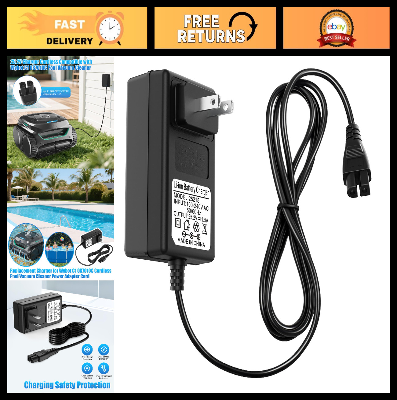 25.2V Charger Adapter for Robotic Pool Cleaner, Cordless Vacuum Power Supply