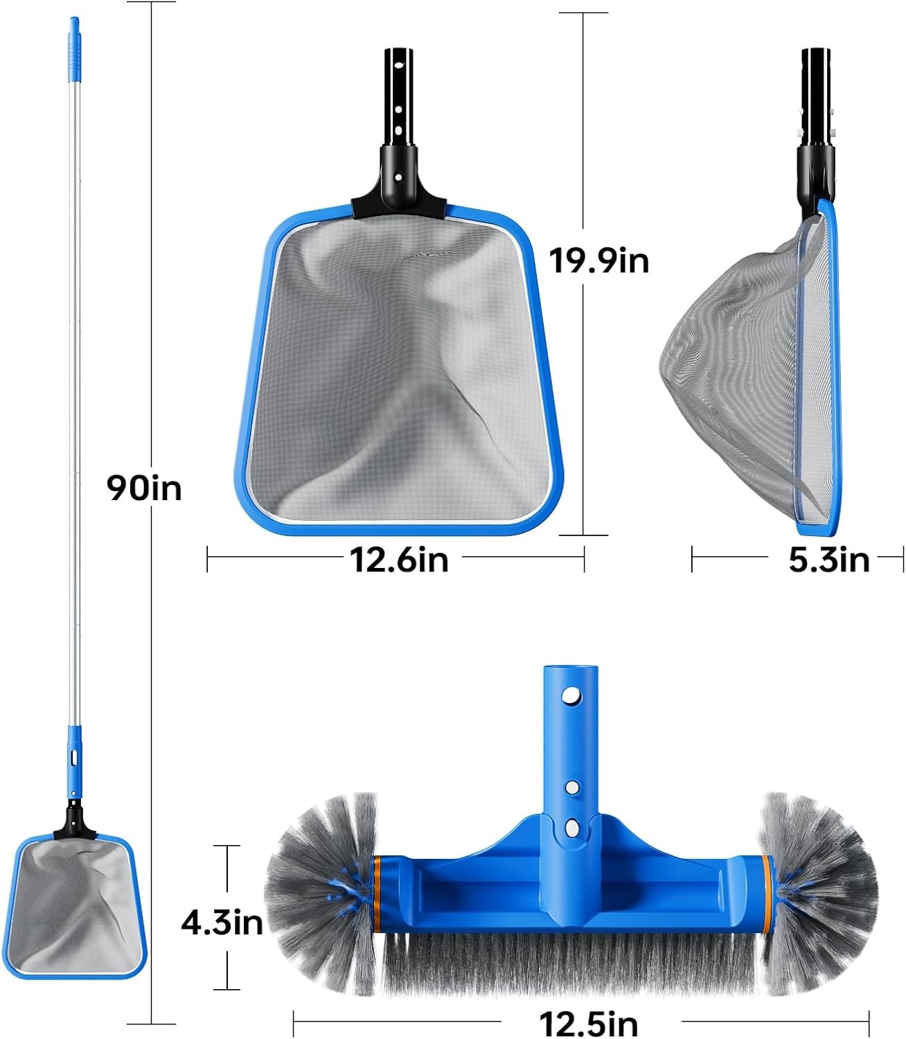Pool Cleaning Kit with 70.5 In Pole Half Deep Skimmer Net 12 In Round Brush
