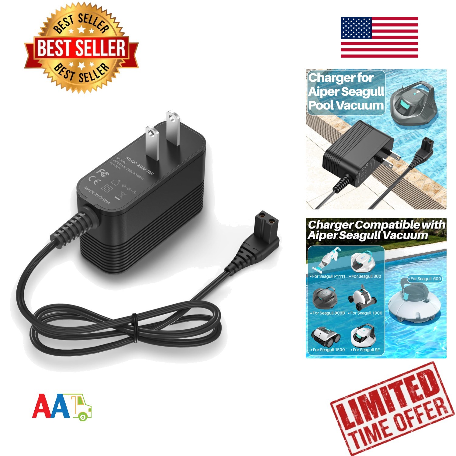 12.6V Charger for Aiper Seagull Pool Vacuum Models 600 800 1000 1500 2-Pin Po…