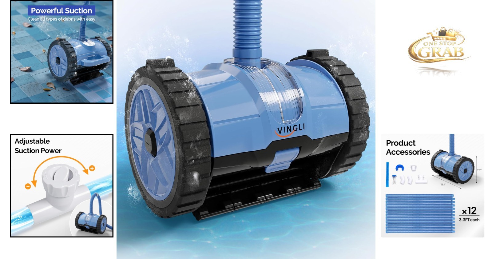 Pool Cleaner Automatic Suction-Side Wall Climber Blue & Gray 39.6ft Hose