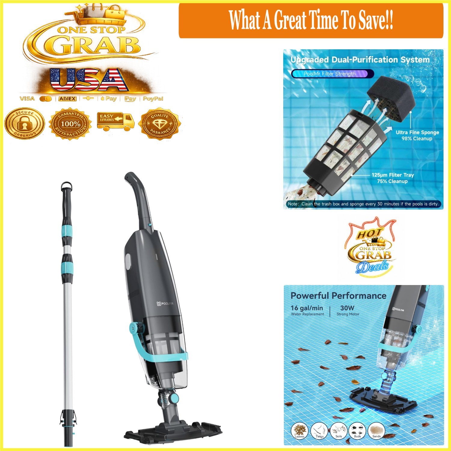 Black Cordless Handheld Pool Vacuum Rechargeable 16 GPM Strong Suction