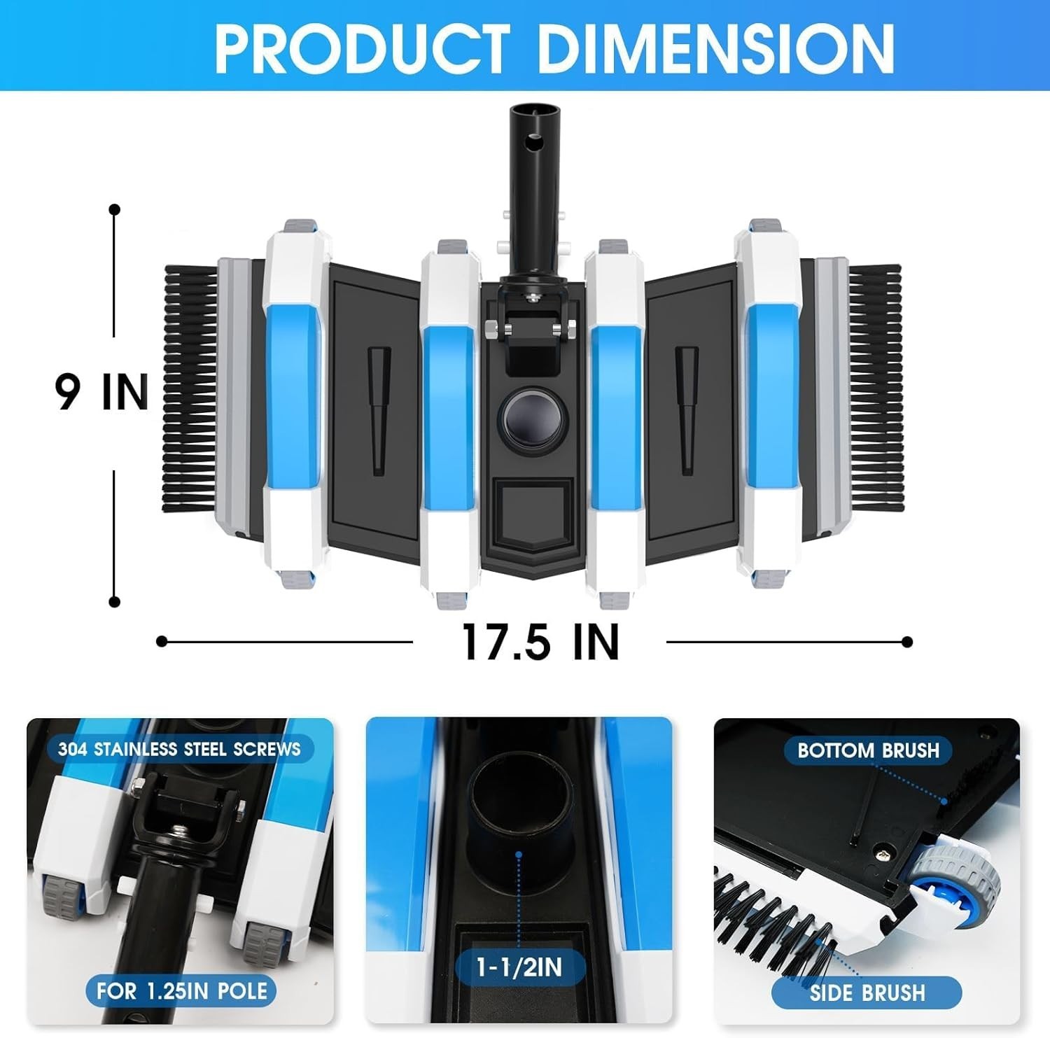 Professional Pool Vacuum Head with Directional Handle and Non-Slip Wheels – Blue