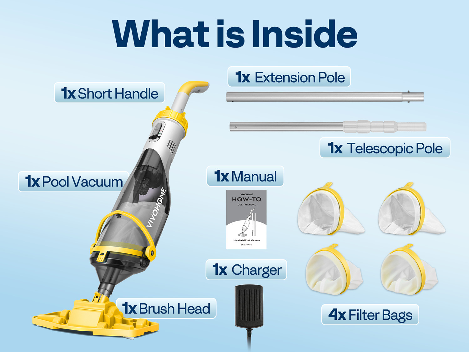 Cordless Rechargeable Pool Vacuum Handheld Cleaner w/ Telescopic Pole 60min IPX8