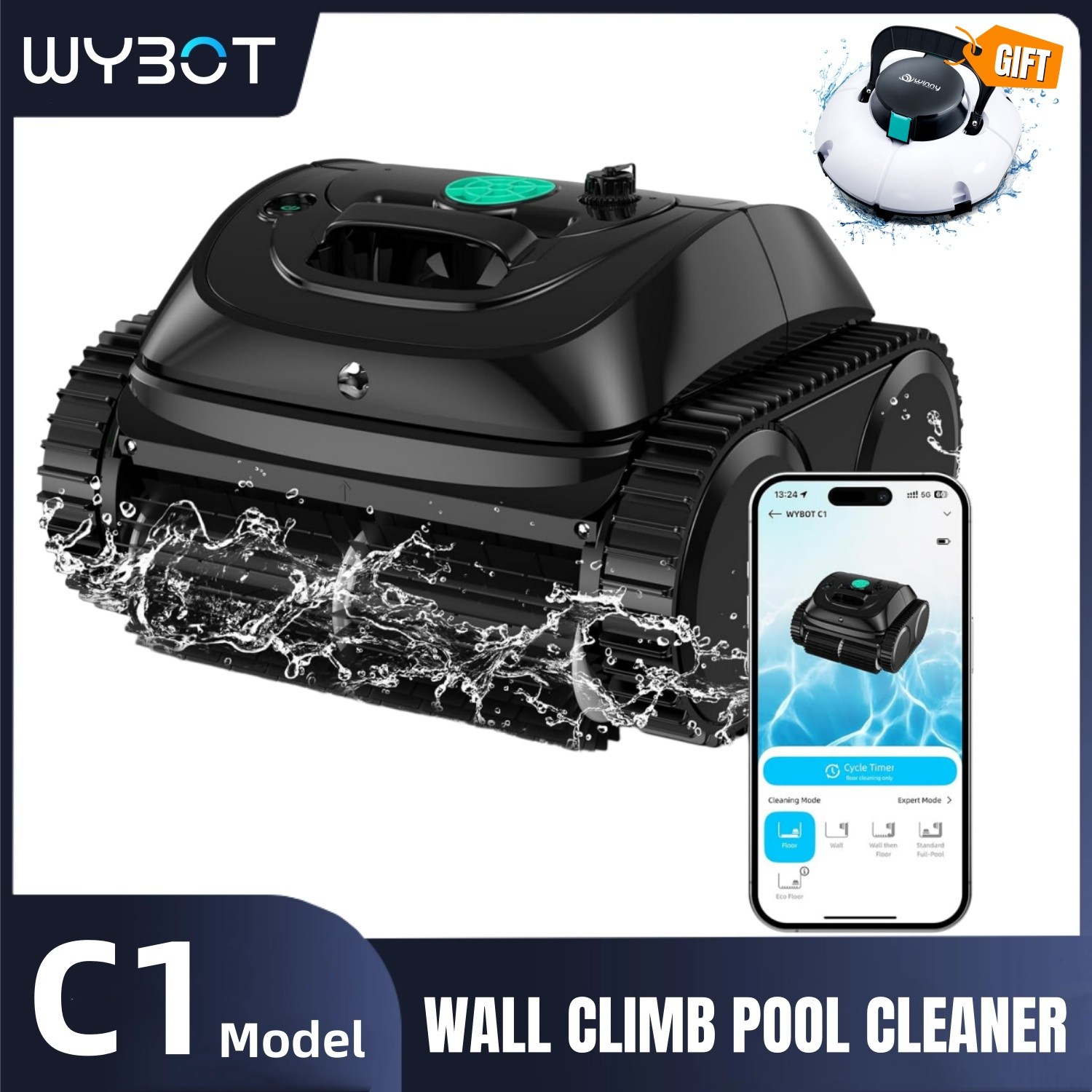 WYBOT C1 Wall Climb Pool Robot Cleaner Cordless Pool Vacuum Cleaners + Free 1102