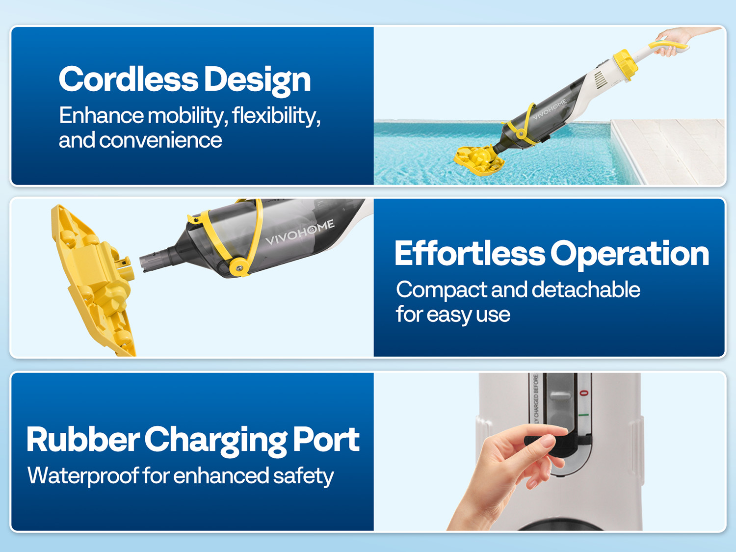 Cordless Rechargeable Pool Vacuum Handheld Cleaner w/ Telescopic Pole 60min IPX8