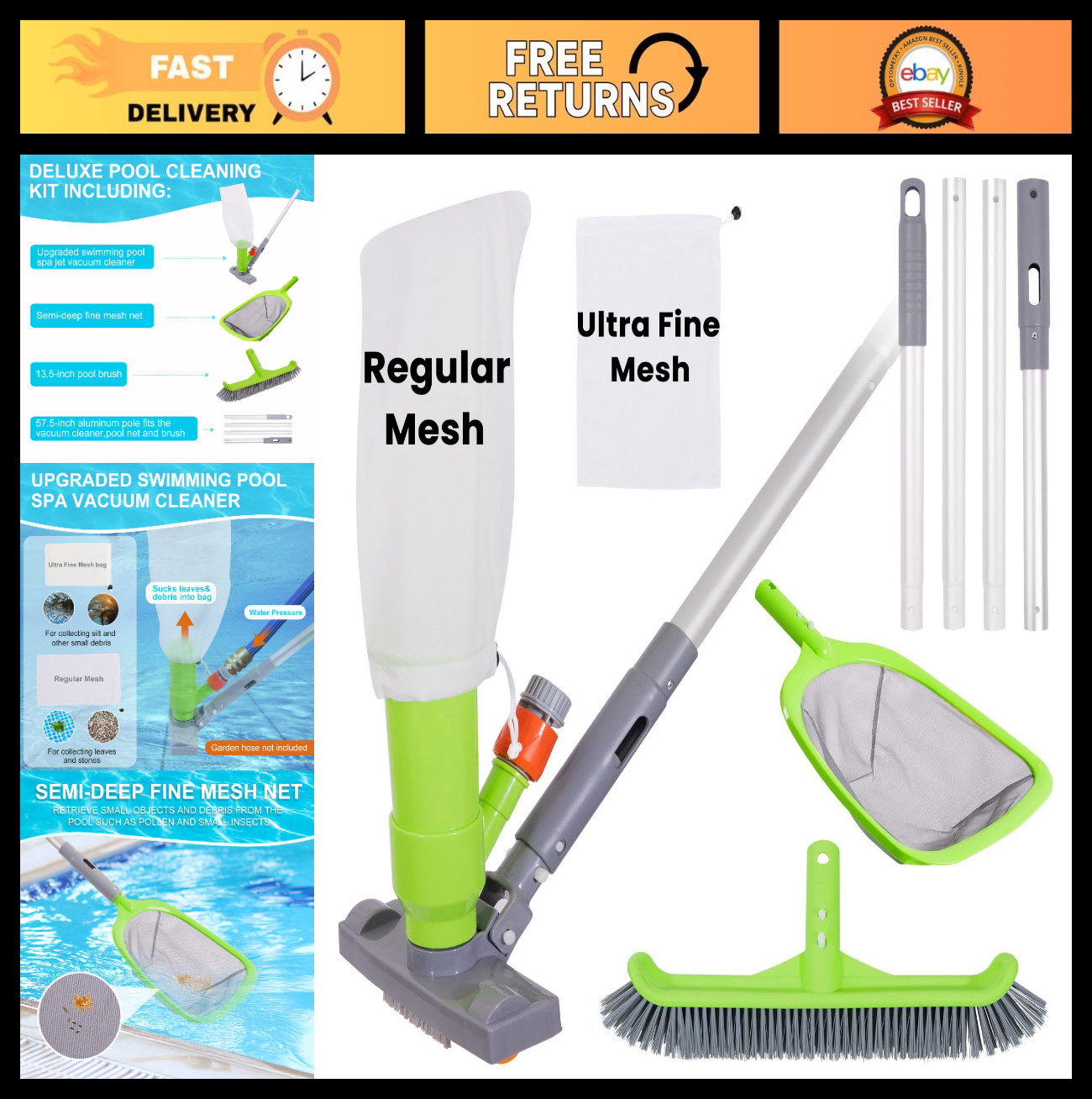 Deluxe Pool Cleaning Kit – Jet Vacuum, Brush, Skimmer Net & 57.5″ Pole for Above