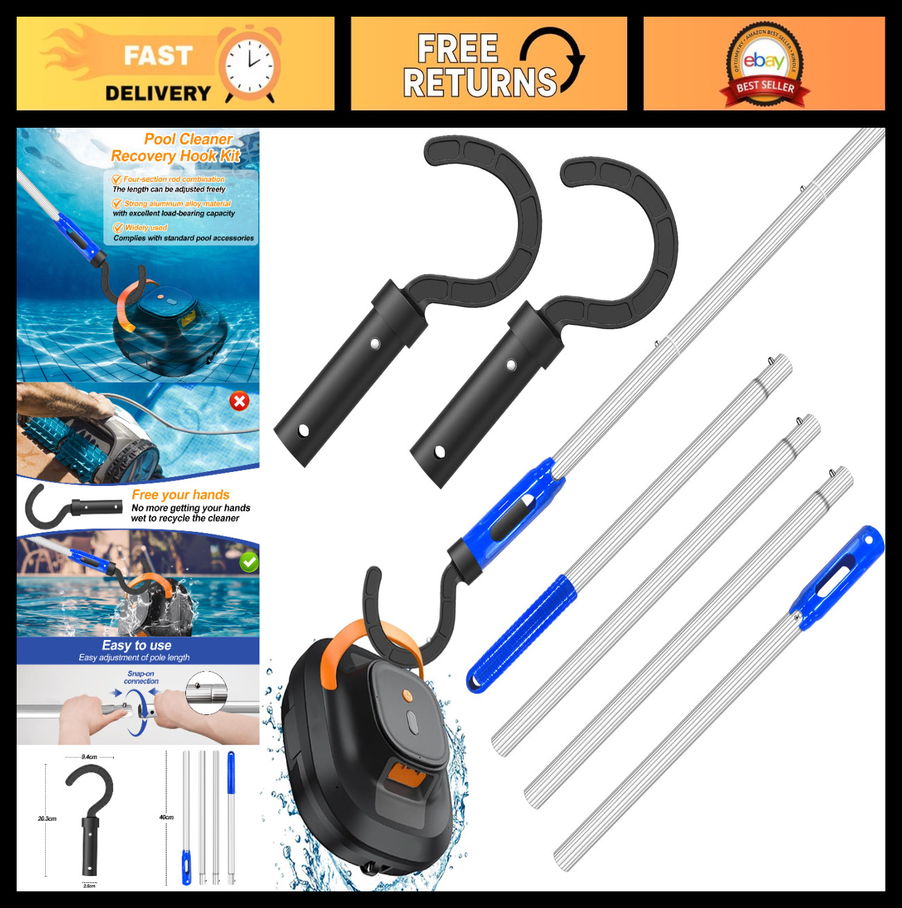 Adjustable Pool Cleaning Pole with 2 Hooks – 5.2ft for Robotic Cleaners, Skimmer