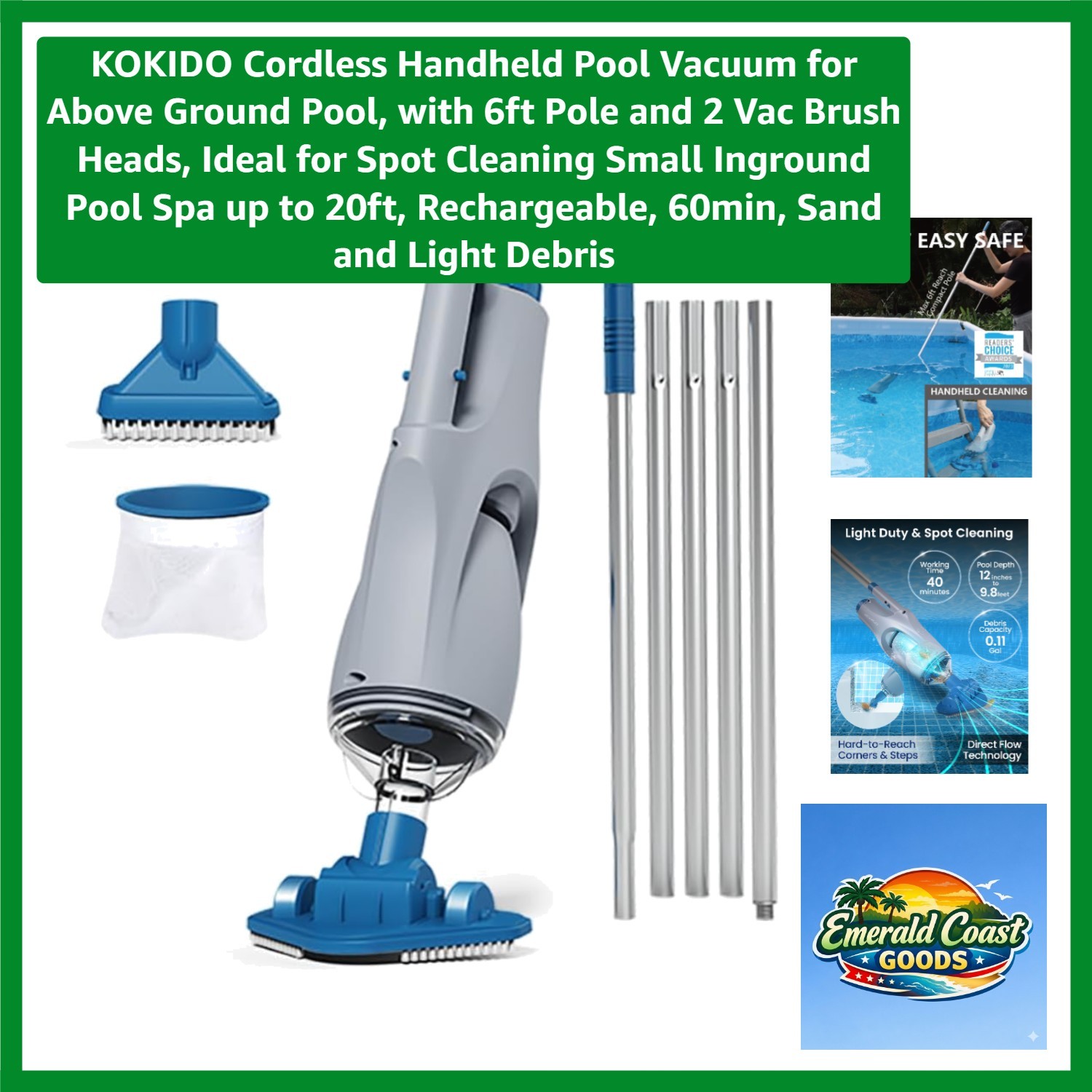 Efficient Cordless Pool Cleaner for In-Ground & Above Ground Pools – 20ft
