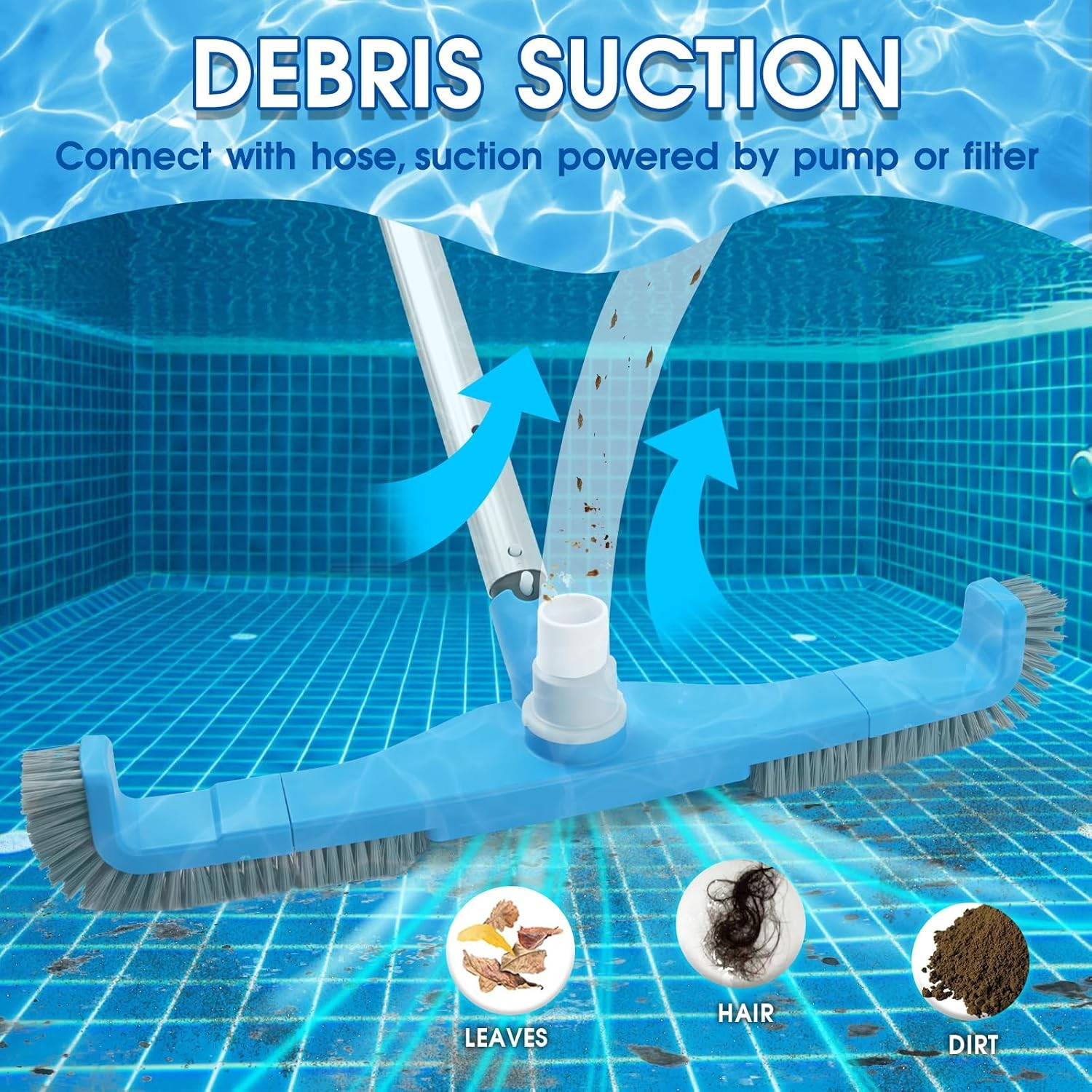 20″ 2 in 1 Pool Brush Vacuum Head with Swivel Hose Connection & Sturdy Nylon