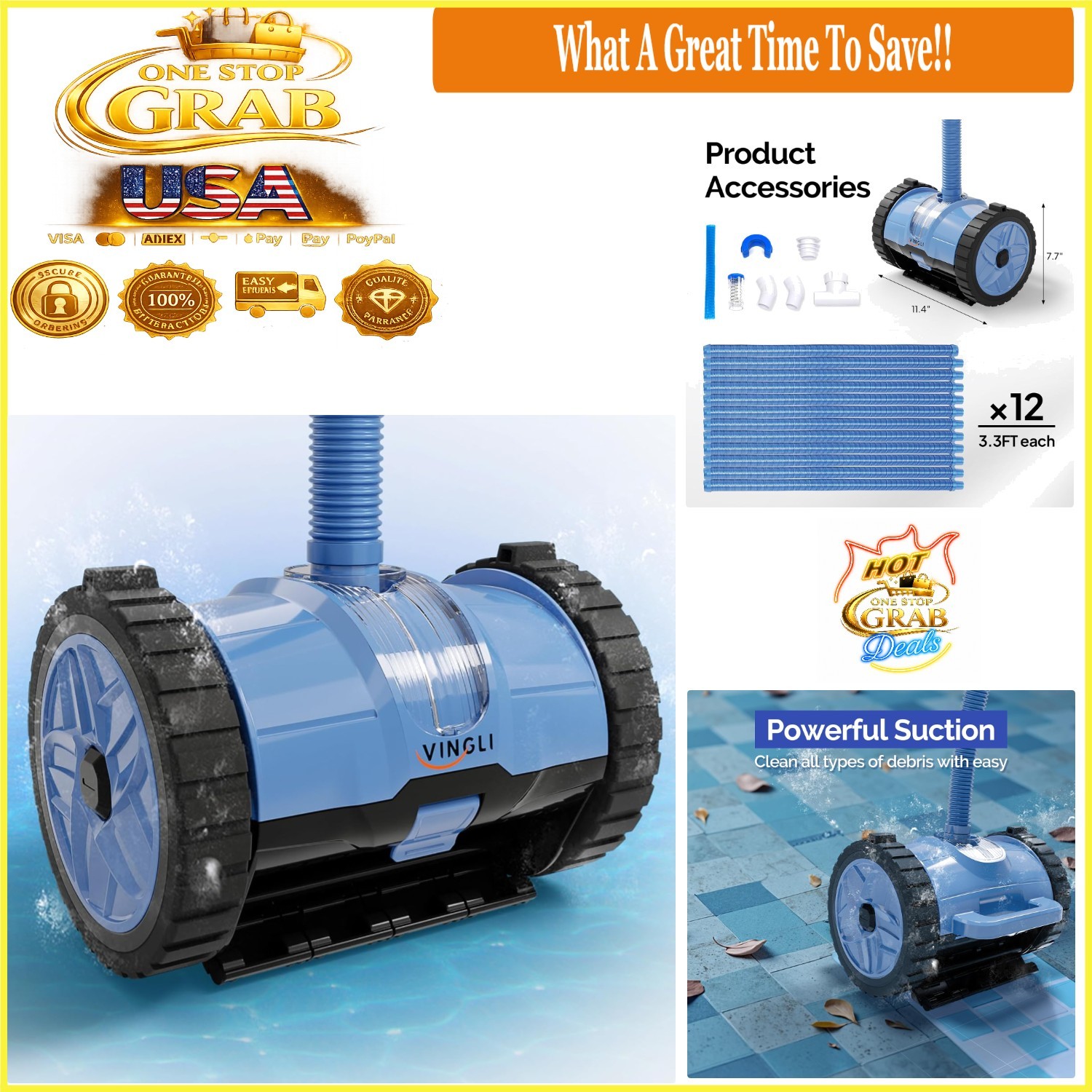 Pool Cleaner Automatic Suction-Side Wall Climber Blue & Gray 39.6ft Hose