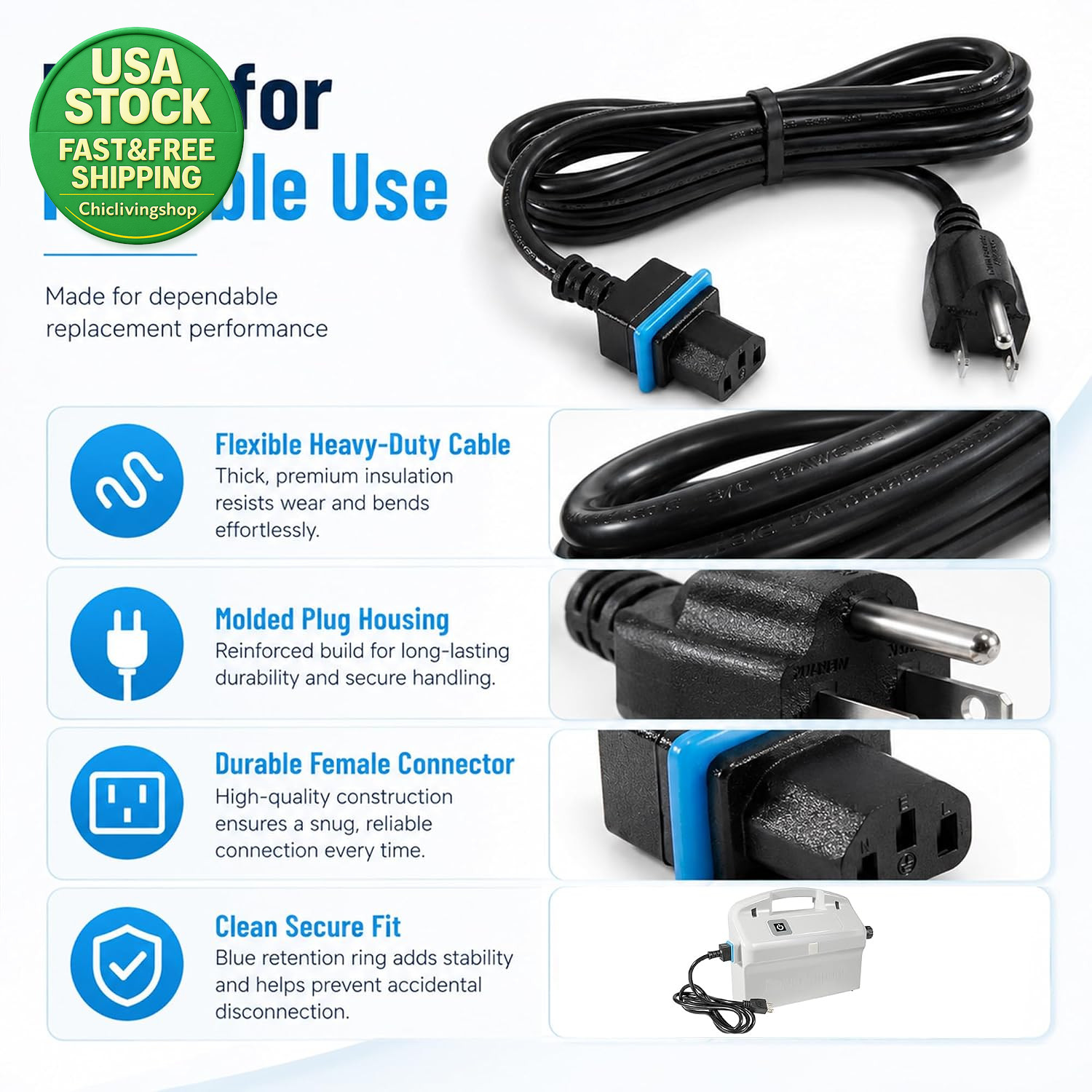 Power Cord Replacement for Maytronics Dolphin Pool Cleaners 10 Amp 125 Volt